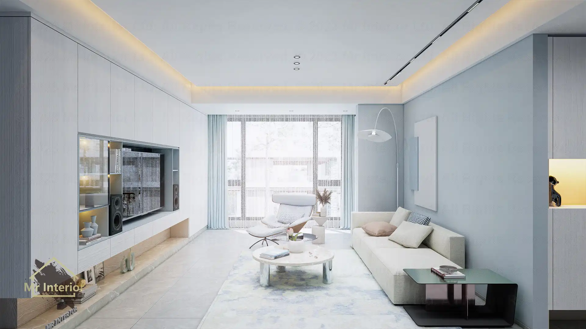 雨水-簡約風設計風格客廳，白色主調，粉藍色點綴。電視櫃，特色牆，梳化。Mr Interior室內設計、裝修、傢俬風格。