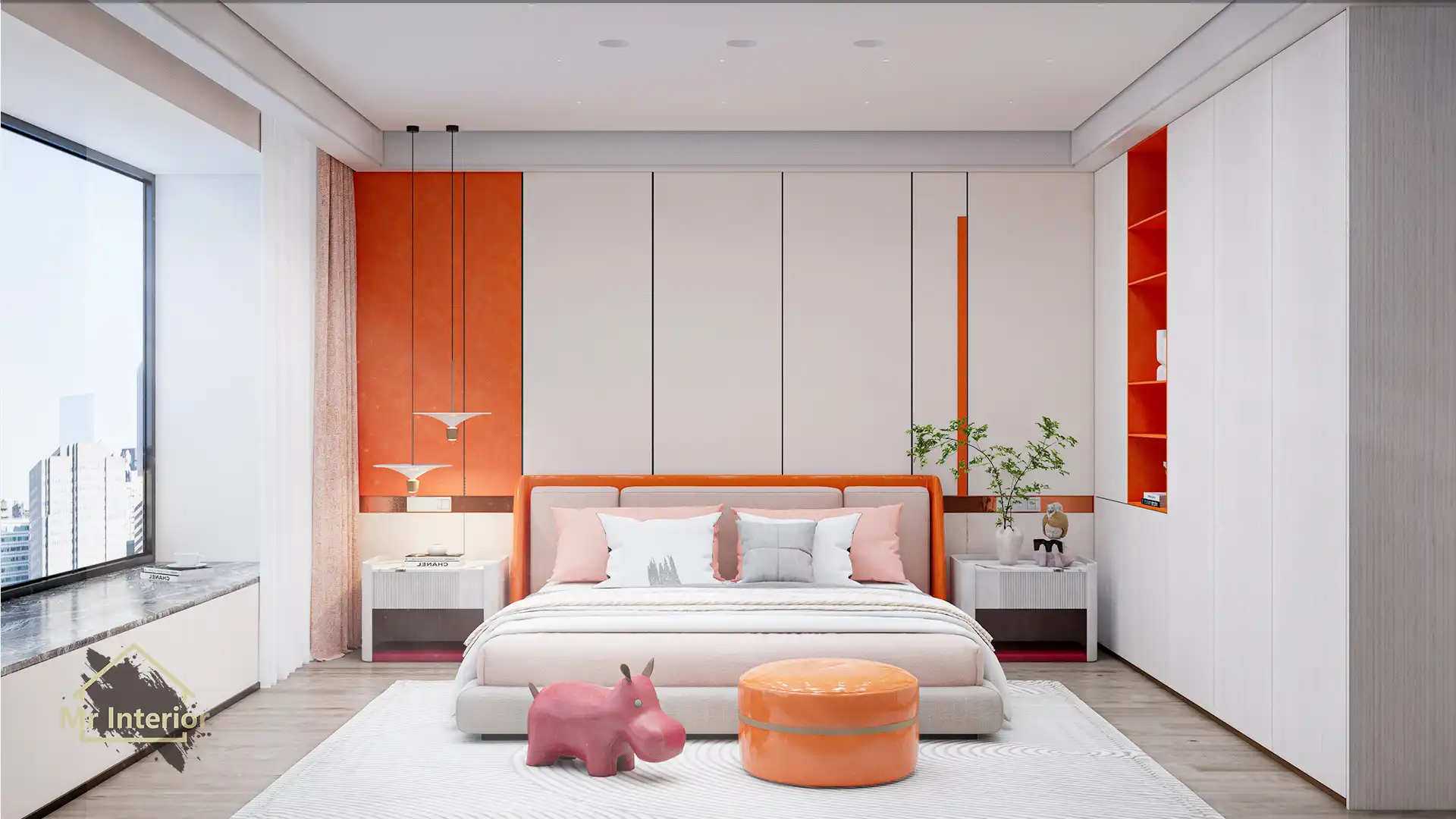 這是白羊座的睡房。設計風格探用了現代風；色調明亮，米色主調，橙色點綴；圖片中句含了橙色軟墊雙人床，白色掩門大衣櫃，橙色開方式書架，白色及橙色特色牆身，紅色懶人梳化，白羊座裝飾及自然光等。Mr Interior室內設計裝修及傢俬風格。