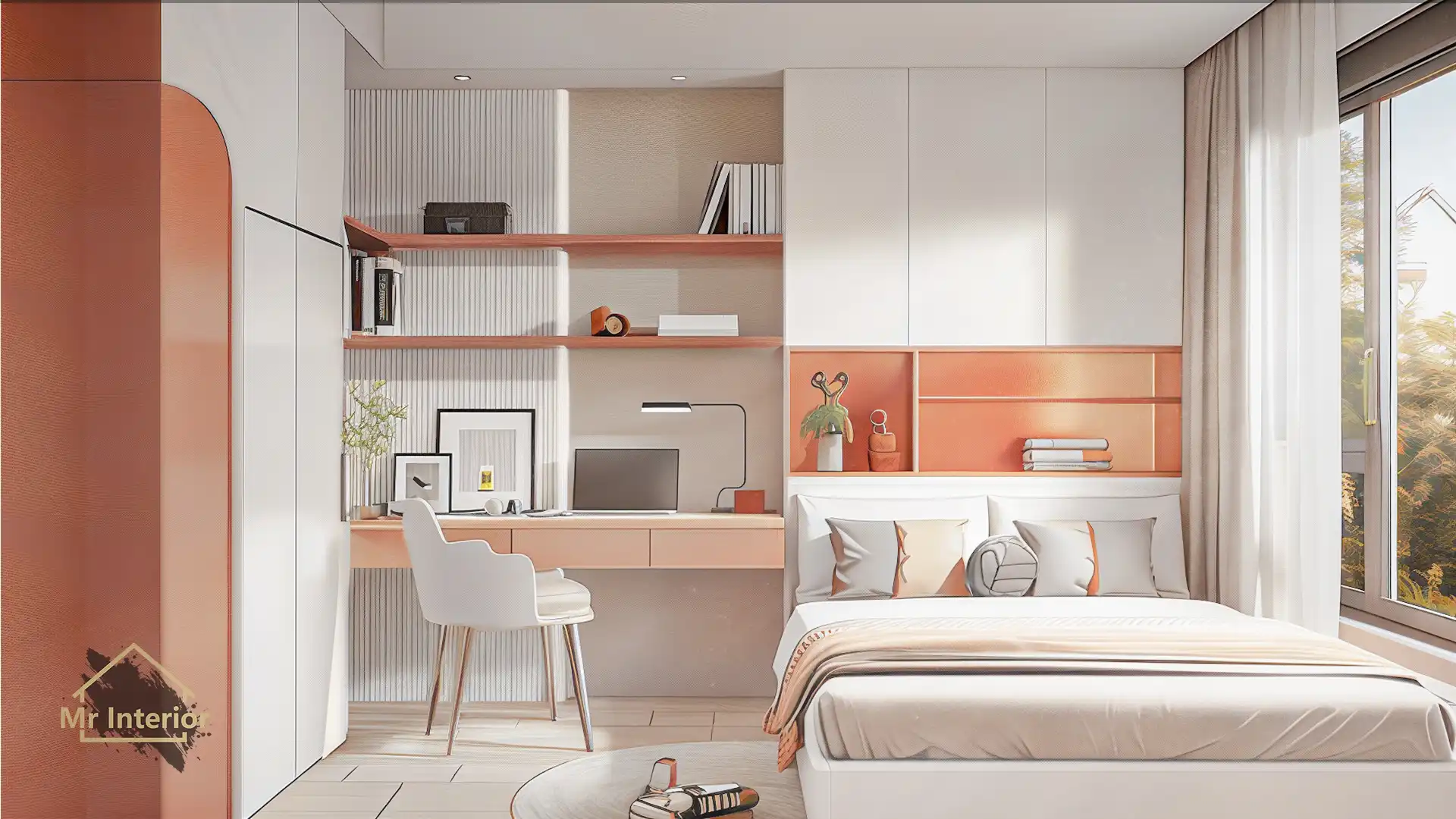 這是白羊座的睡房。設計風格探用了現代風；色調明亮，米色主調，橙色點綴；圖片中句含了床，白色及橙色掩門衣櫃，白色及橙色特色書枱書櫃書架，白羊座裝飾及自然光等。Mr Interior室內設計裝修及傢俬風格。
