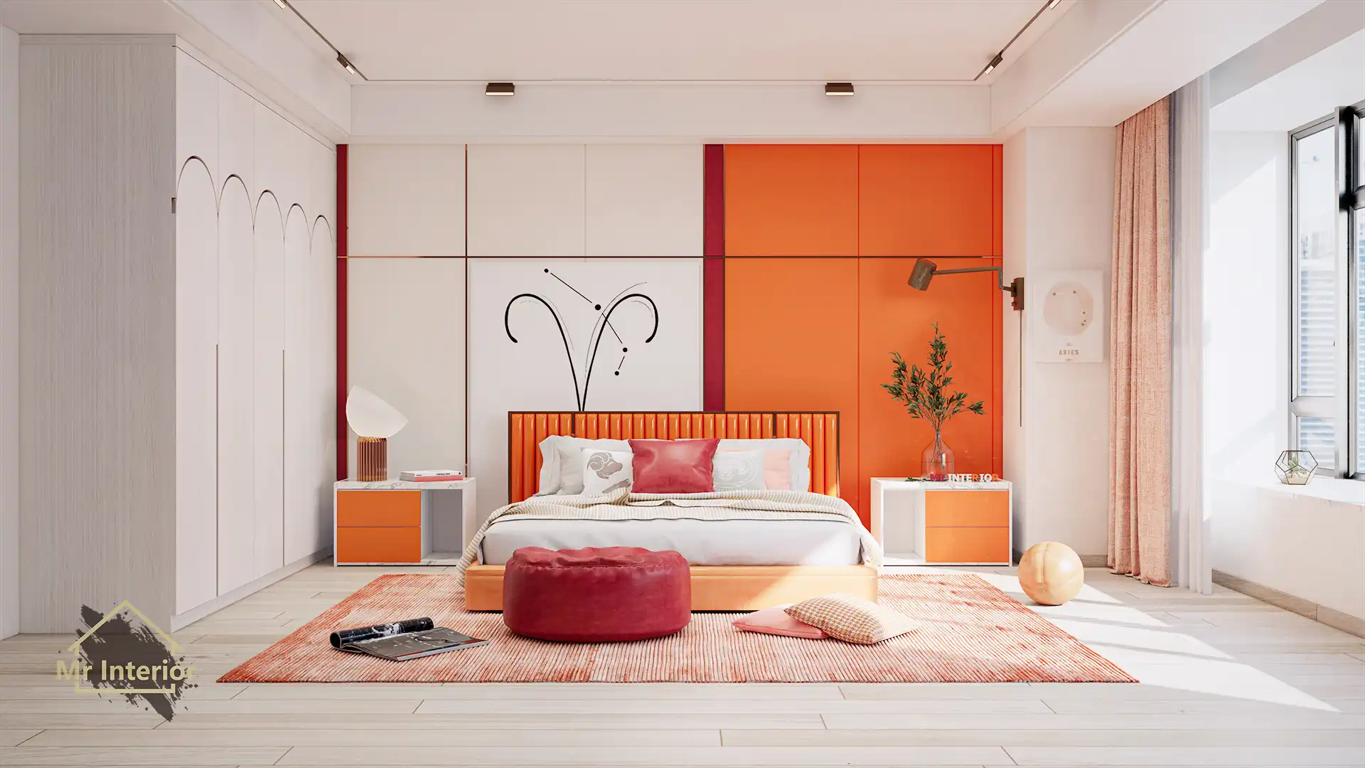 這是白羊座的睡房。設計風格探用了現代風；色調明亮，米色主調，紅色及橙色點綴；圖片中句含了橙色床屏雙人床，白色大掩門衣櫃，白色及橙色及紅色特色牆身，床頭櫃，紅色懶人梳化，白羊座裝飾及自然光等。Mr Interior室內設計裝修及傢俬風格。