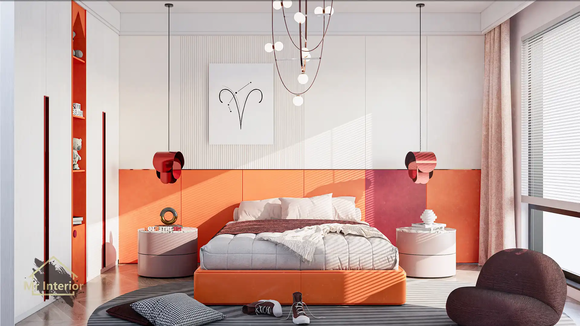 這是白羊座的睡房。設計風格探用了現代風；色調明亮，米色主調，紅色及橙色點綴；圖片中句含了橙色軟墊雙人床，白色掩門大衣櫃，橙色開方式書櫃，白色及橙色及紅色特色牆身，深紅色懶人梳化，白羊座裝飾及自然光等。Mr Interior室內設計裝修及傢俬風格。