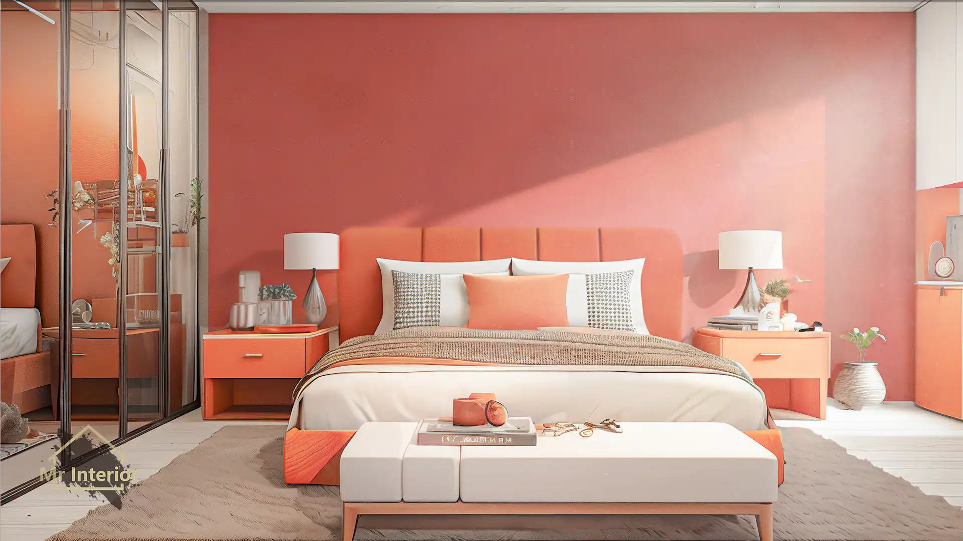 這是白羊座的睡房。設計風格探用了現代風；色調明亮，米色主調，紅色及橙色點綴；圖片中句含了橙色軟墊雙人床，鏡門掩門大衣櫃，白色及橙色特色牆身，白色懶人梳化，白羊座裝飾及自然光等。Mr Interior室內設計裝修及傢俬風格。