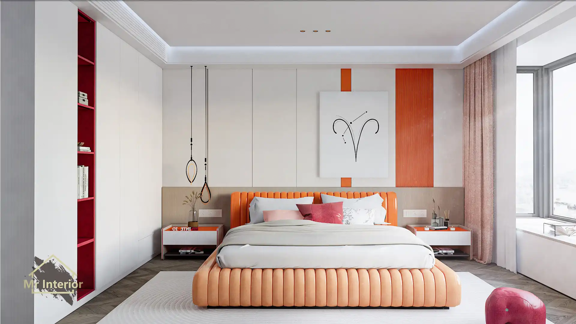 這是白羊座的睡房。設計風格探用了現代風；色調明亮，米色主調，紅色及橙色點綴；圖片中句含了橙色軟墊雙人床，白色掩門大衣櫃，紅色開方式書架，白色及橙色特色牆身，白色及橙色床頭櫃，紅色懶人梳化，白羊座裝飾及自然光等。Mr Interior室內設計裝修及傢俬風格。