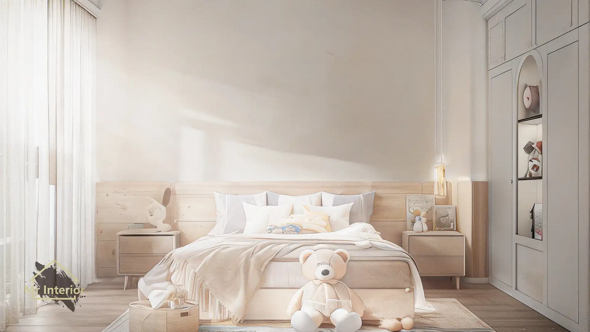 這是一個以無印風為主的明亮兒童房間，色調以米色主調為基礎，並以木色作為點綴。圖片中的裝修設計及傢俬展示了無印風設計的裝修及傢俬，例如雙人木床、木床屏、白色衣櫃，以及特色的木飾面床屏和素雅的白色牆身。此外，房間還配置了與無印風相搭配的木飾面床頭櫃、日式裝飾元素和充足的自然光照。這種設計風格營造出一個舒適、自然且富有和諧感的空間，非常適合兒童使用。Mr Interior室內設計裝修及傢俬風格。