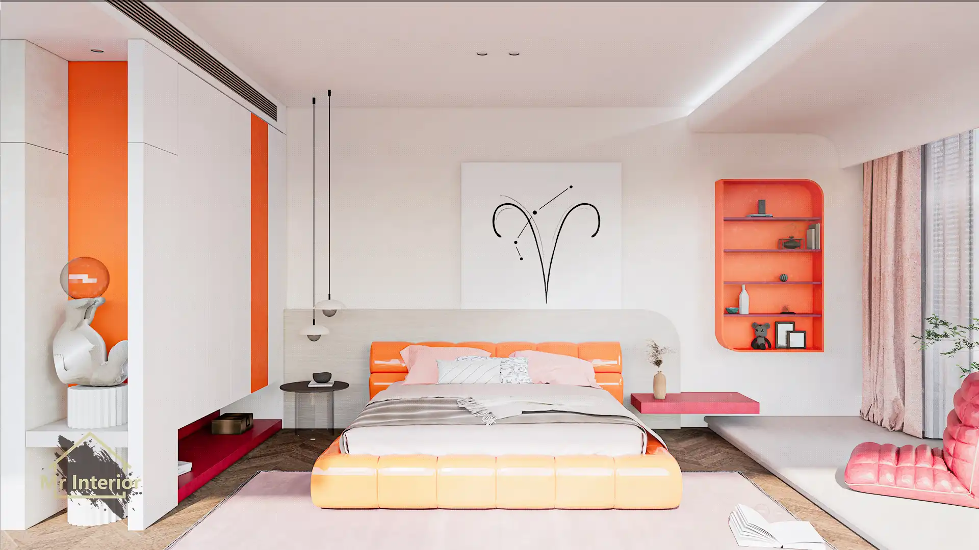 這是白羊座的睡房。設計風格探用了現代風；色調明亮，米色主調，紅色及橙色點綴；圖片中句含了橙色軟墊雙人床，白色掩門大衣櫃，紅色開方式晝架，白色及橙色特色牆身，紅色懶人梳化，白羊座裝飾及自然光等。Mr Interior室內設計裝修及傢俬風格。