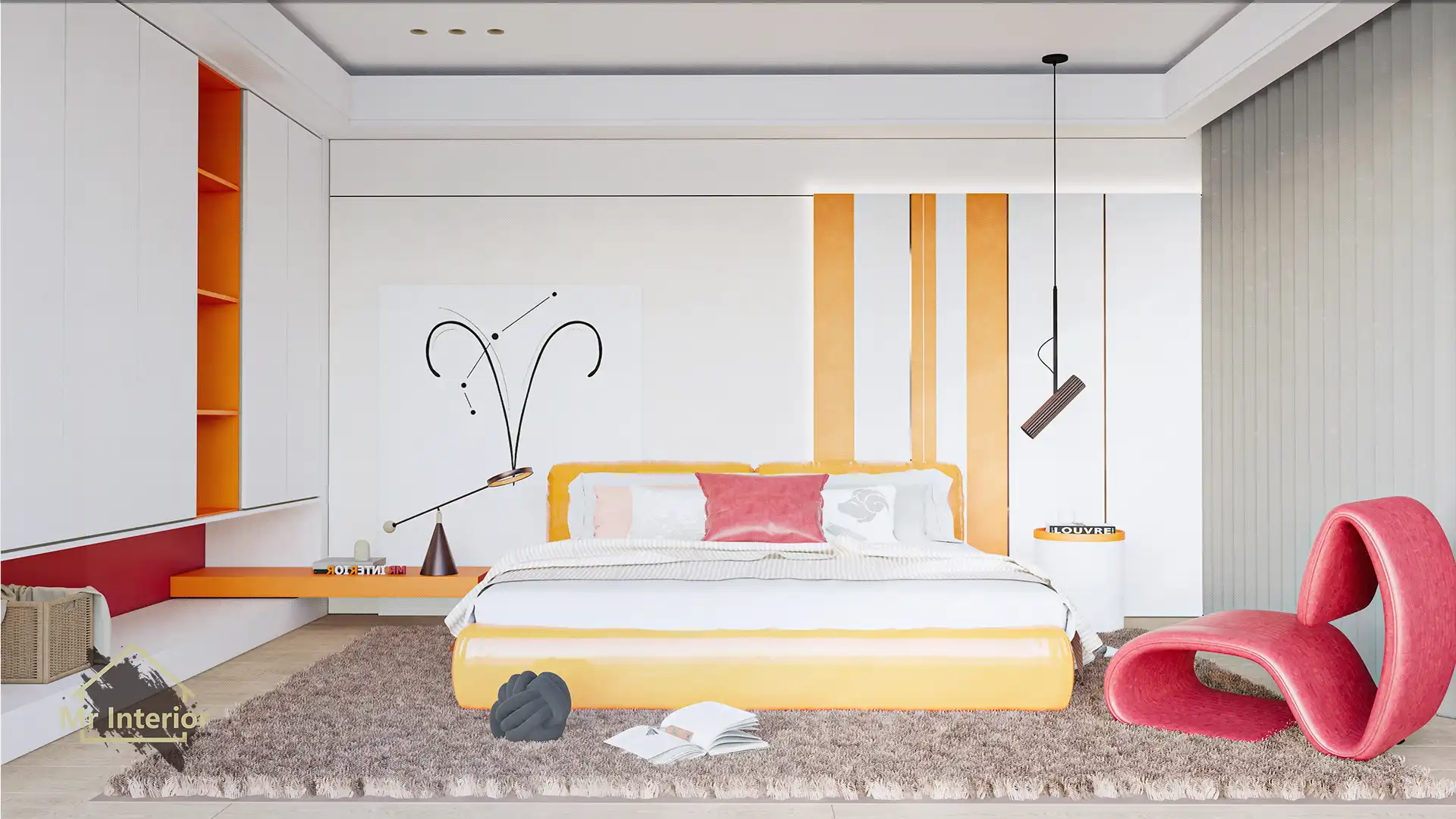 這是白羊座的睡房。設計風格探用了現代風；色調明亮，米色主調，紅色及橙色點綴；圖片中句含了橙色軟墊雙人床，白色掩門大衣櫃，橙色開方式晝架，白色及橙色特色牆身，紅色懶人梳化，白羊座裝飾及自然光等。Mr Interior室內設計裝修及傢俬風格。