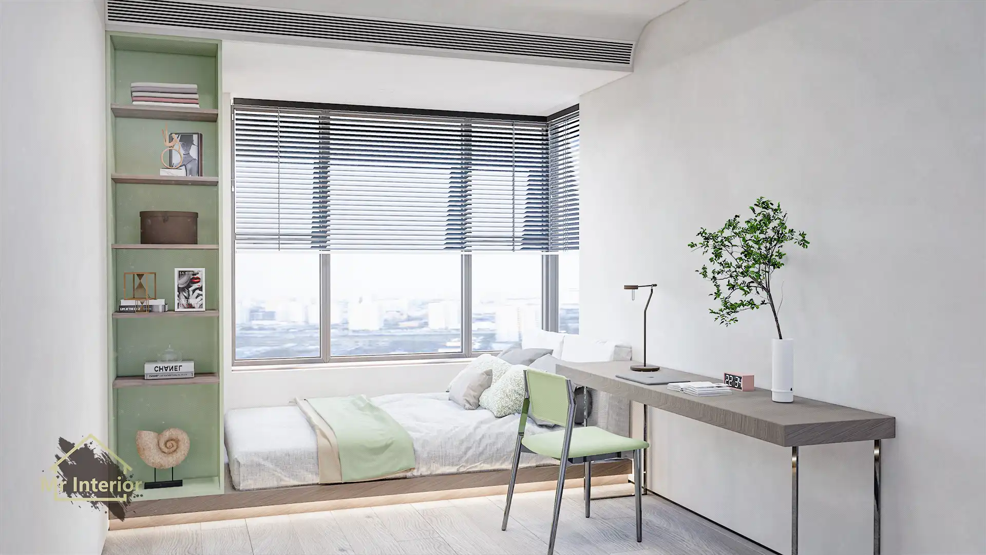 金牛座設計風格房間，白色主調，綠色淺木色點綴。床，特色牆，衣櫃。Mr Interior室內設計、裝修、傢俬風格。