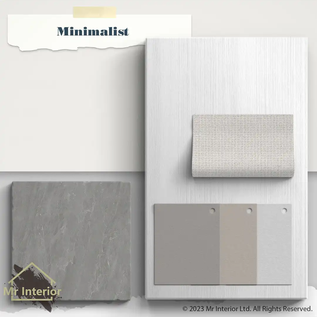 簡約風設計材料板:白色木、淺灰色、淺駝色塗料、中性色調、石料、布料。Mr Interior室內設計、裝修、傢俬風格。