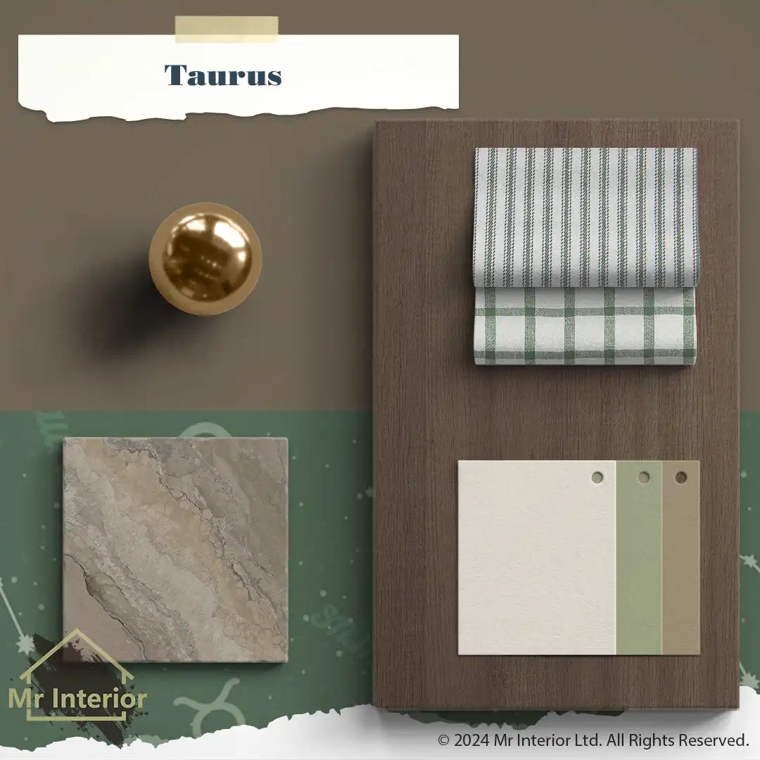 金牛座設計風格材料板:木板，奶油色綠色啡色塗料，中性色調，金屬，布料皮料。Mr Interior室內設計、裝修、傢俬風格。