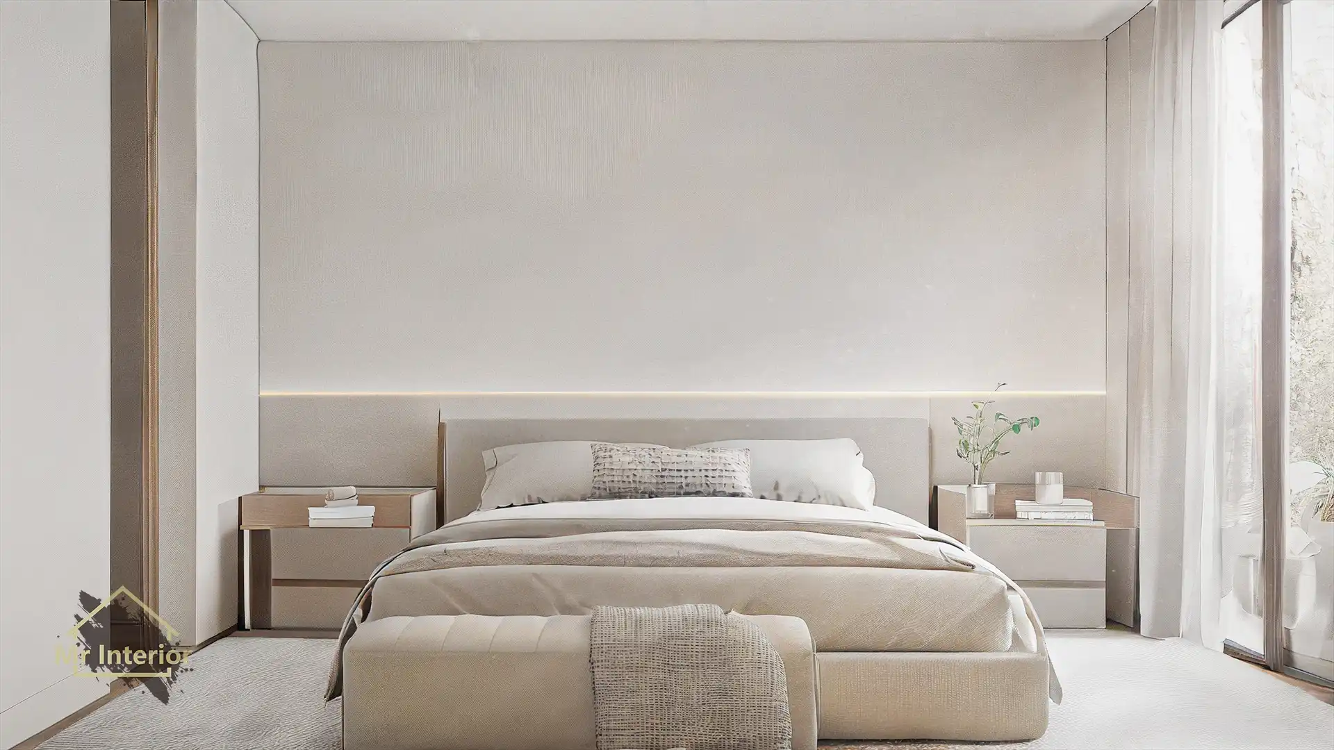 簡約風設計風格主人房，米白色主調，淺駝色點綴。雙人床，特色牆，床頭櫃。Mr Interior室內設計、裝修、傢俬風格。