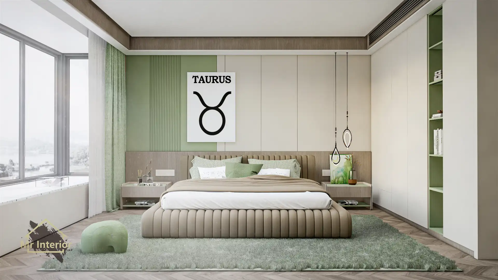 金牛座設計風格房間，奶油色主調，綠色啡色點綴。床，特色牆，衣櫃。Mr Interior室內設計、裝修、傢俬風格。