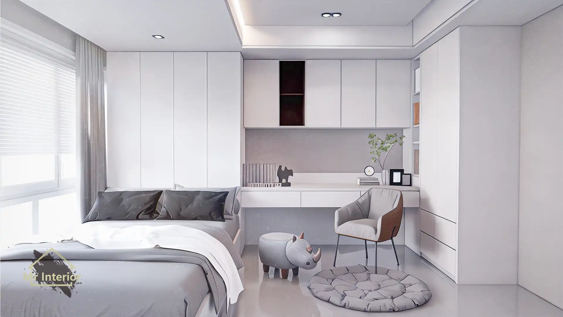 簡約風設計風格睡房，白色主調，灰色點綴。床，書枱，衣櫃，書櫃。Mr Interior室內設計、裝修、傢俬風格。