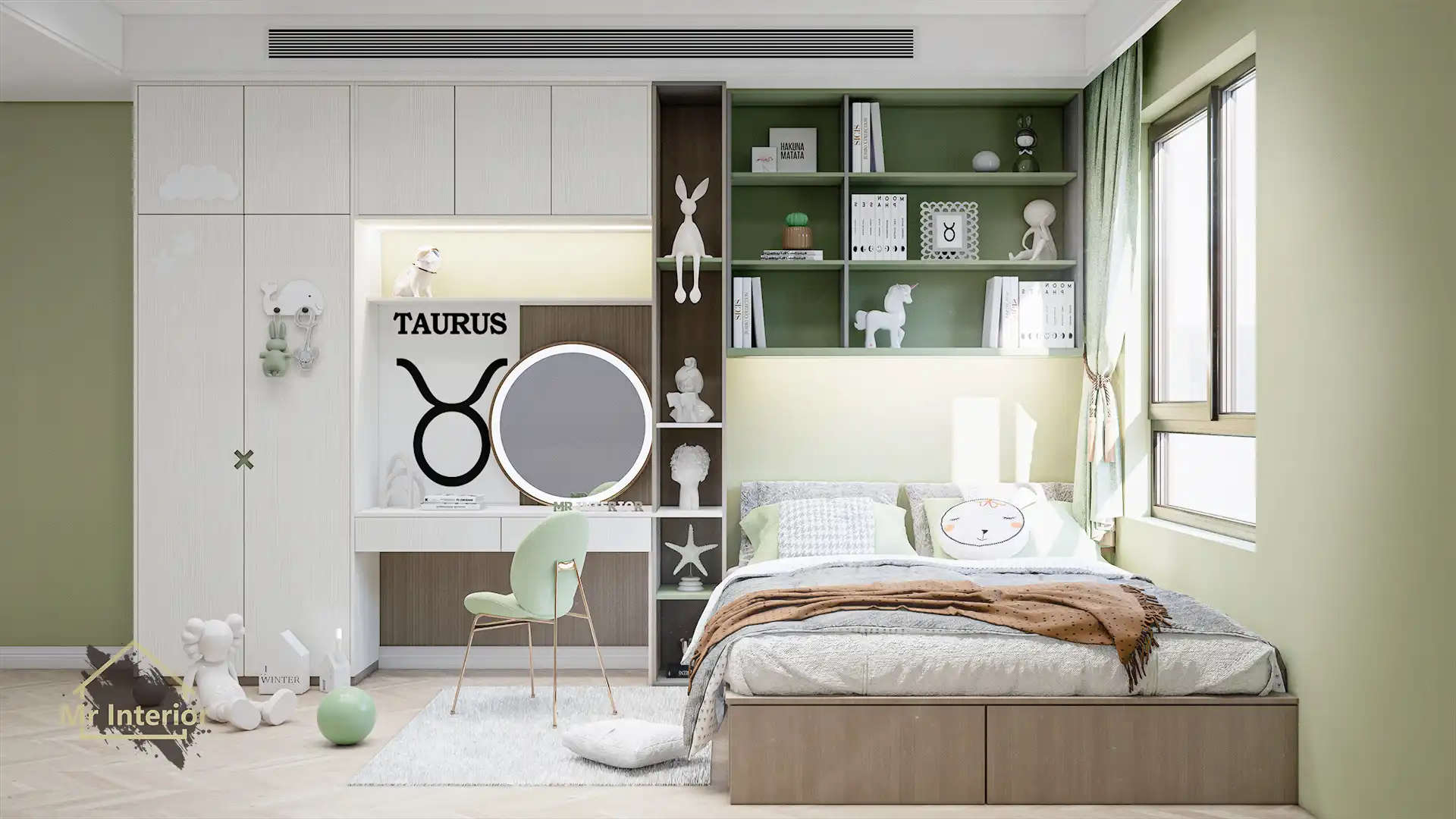 金牛座設計風格房間，綠色主調，白色啡色點綴。床，特色牆，衣櫃。Mr Interior室內設計、裝修、傢俬風格。