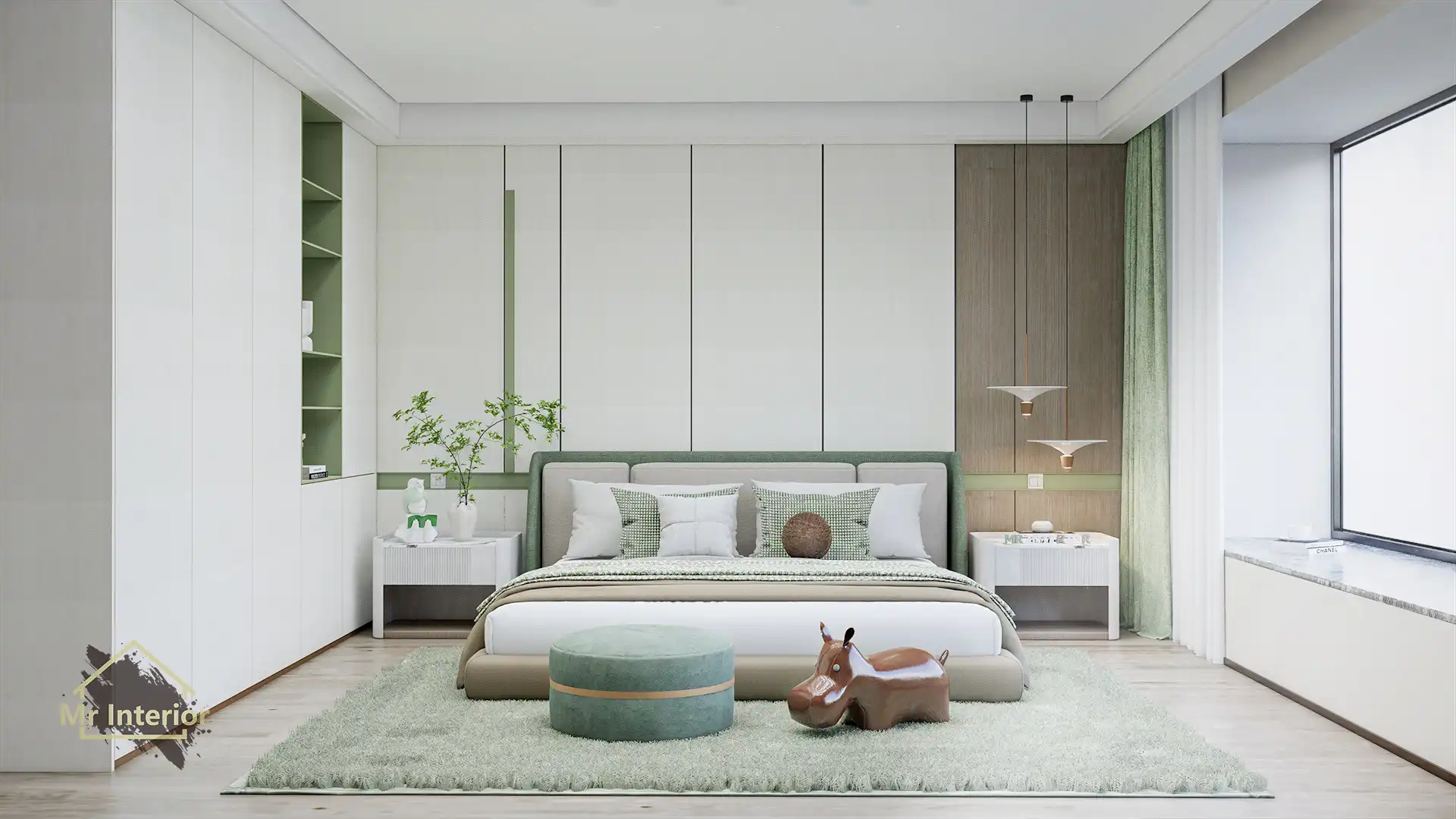 金牛座設計風格房間，白色主調，綠色啡色點綴。床，特色牆，衣櫃。Mr Interior室內設計、裝修、傢俬風格。