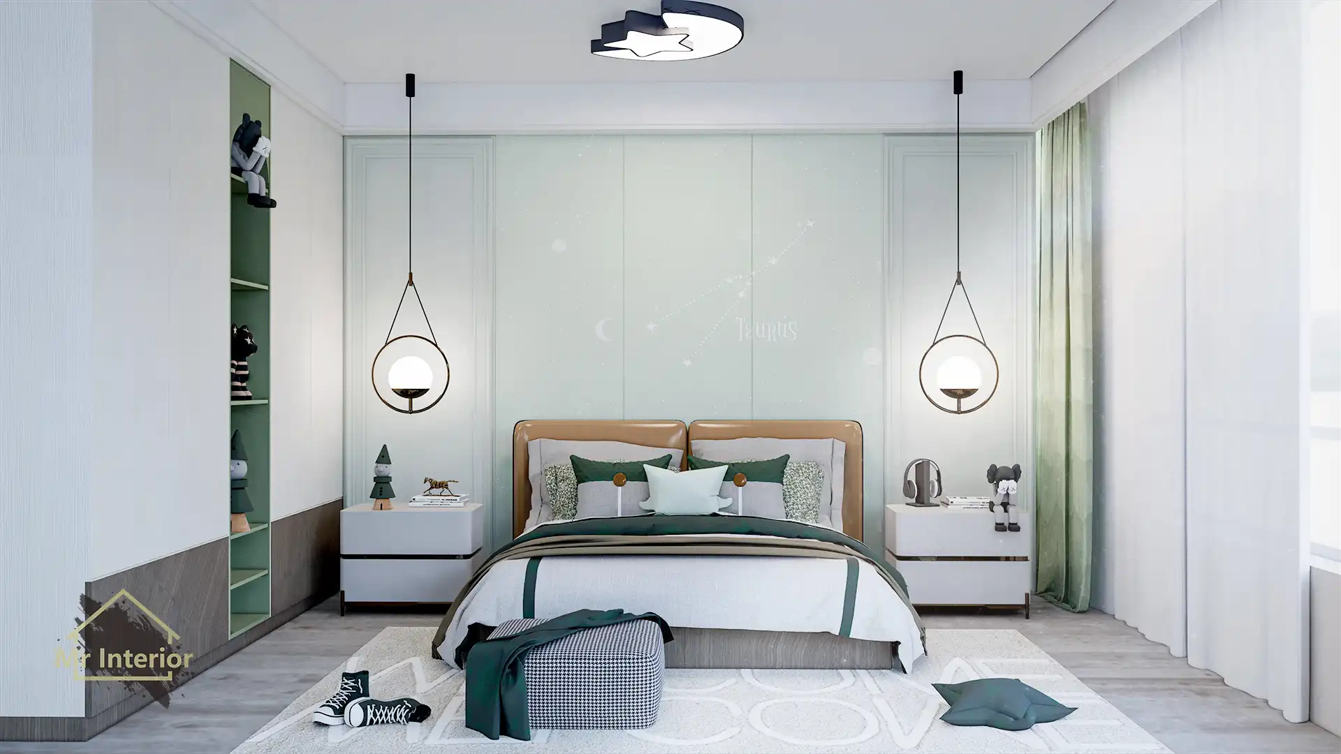 金牛座設計風格房間，白色主調，粉綠色啡色點綴。床，特色牆，衣櫃。Mr Interior室內設計、裝修、傢俬風格。
