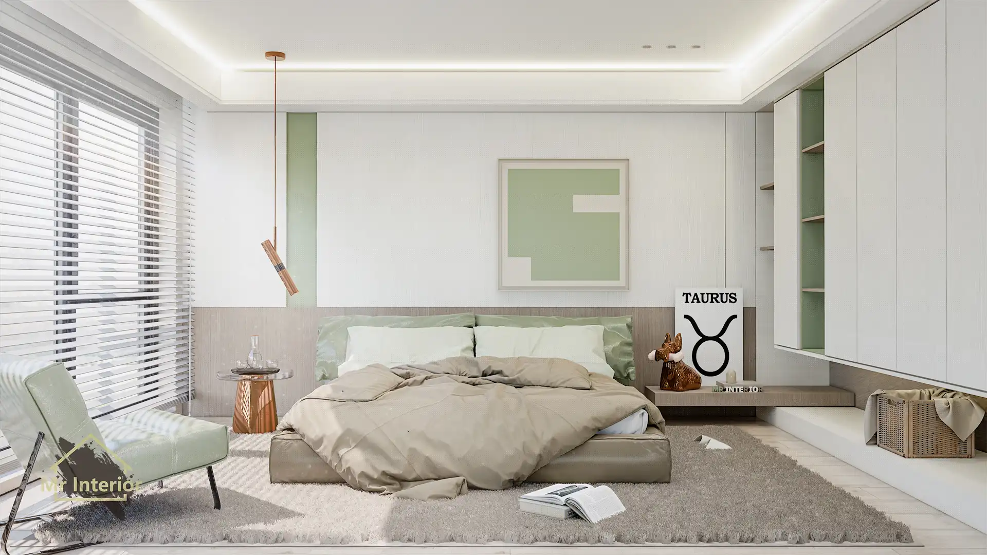 金牛座設計風格房間，白色主調，粉綠色啡色點綴。床，特色牆，衣櫃。Mr Interior室內設計、裝修、傢俬風格。