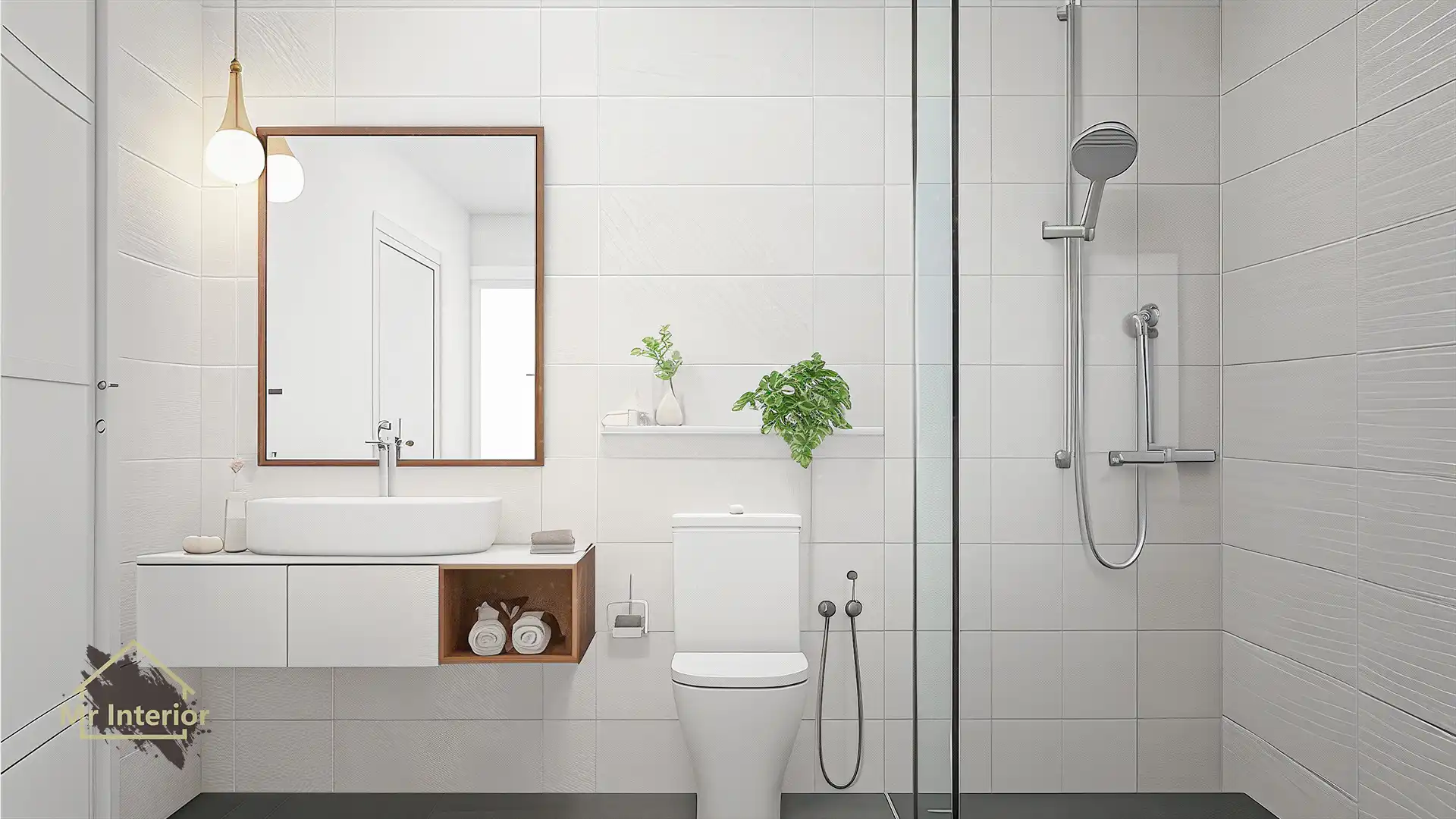 簡約風設計風格浴室，白色主調，淺木色點綴。浴室櫃，鏡，企缸，馬桶。Mr Interior室內設計、裝修、傢俬風格。