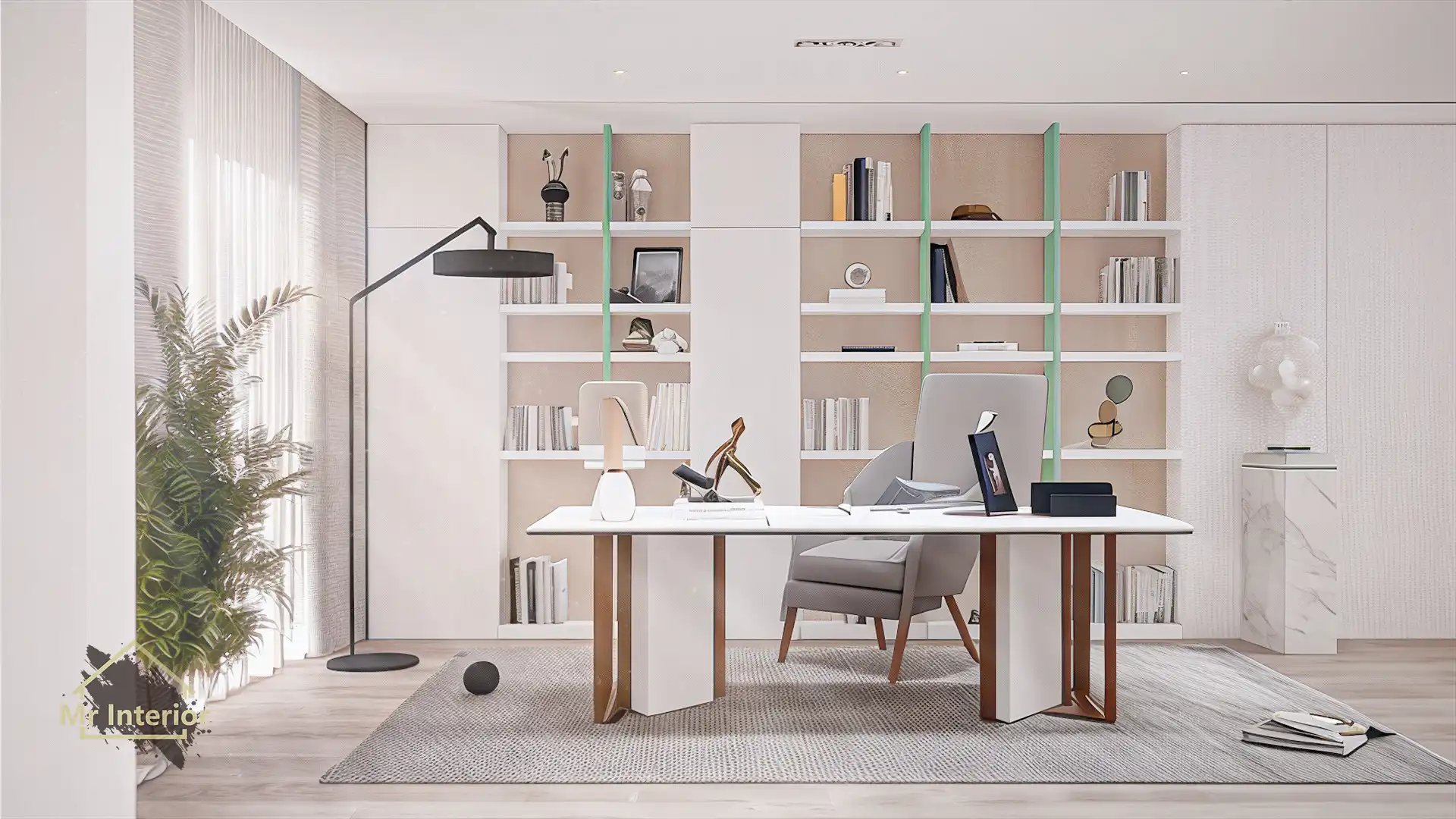 小清新設計風格書房，白色主調，淺綠點綴。書櫃，書枱，飾物櫃。Mr Interior室內設計、裝修、傢俬風格。