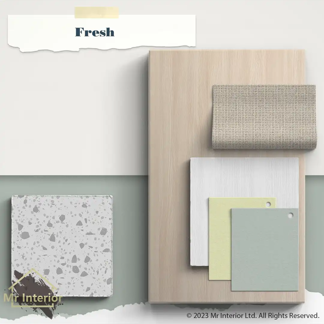 小清新設計材料板:淺色木、白色塗料、淺黃淺綠塗料、中性色調、天然石、棉麻質紡織品。Mr Interior室內設計、裝修、傢俬風格。