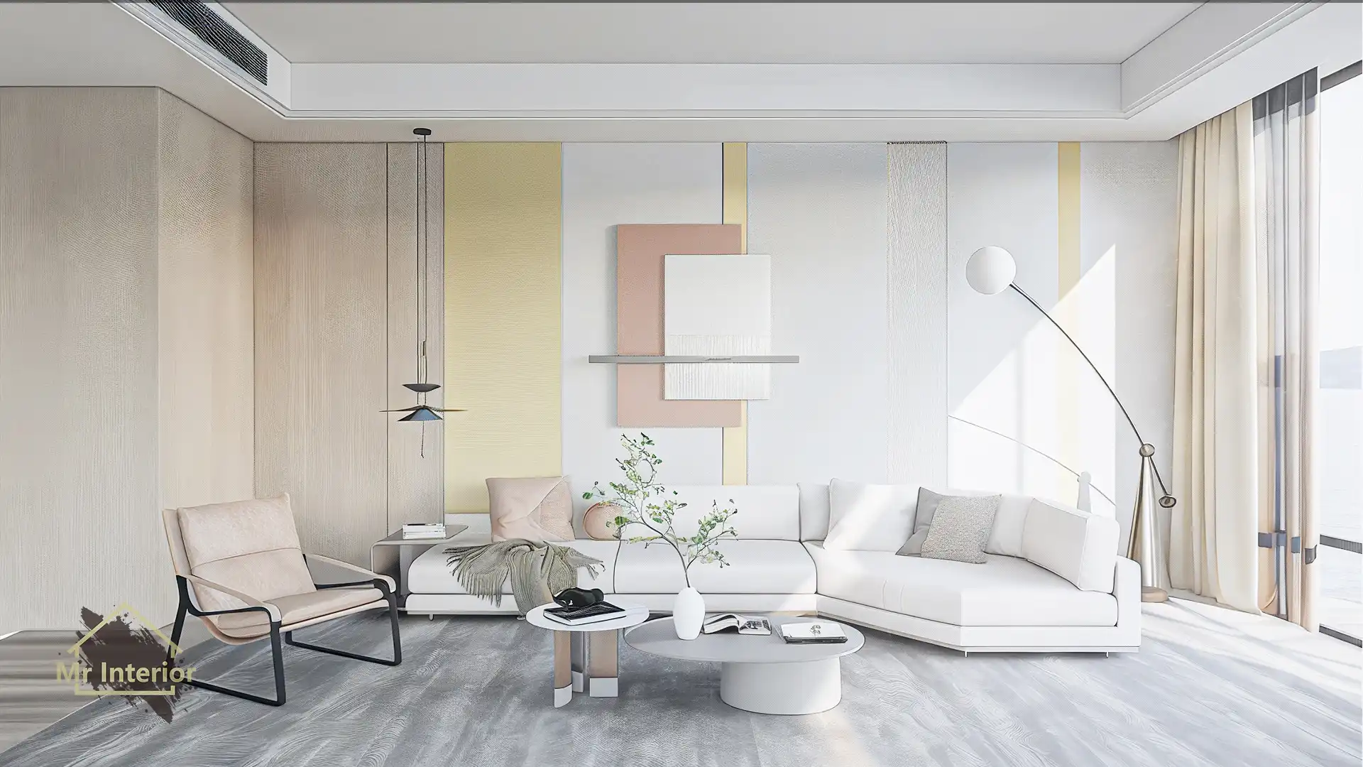 小清新設計風格客廳，白色主調，淺黃點綴。電視櫃，特色牆，地毯，裝飾。Mr Interior室內設計、裝修、傢俬風格。