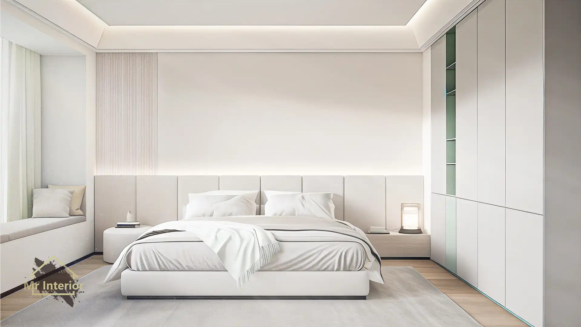 小清新設計風格睡房，白色主調，淺綠點綴。雙人床，衣櫃，床頭櫃。Mr Interior室內設計、裝修、傢俬風格。