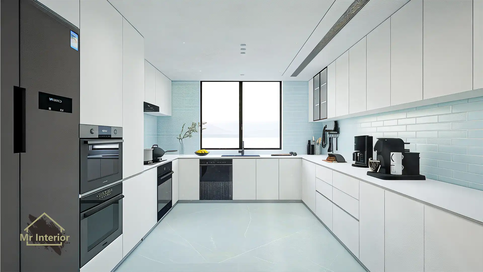 小清新設計風格廚房，白色主調，淺藍點綴。廚櫃，地櫃，石面。Mr Interior室內設計、裝修、傢俬風格。