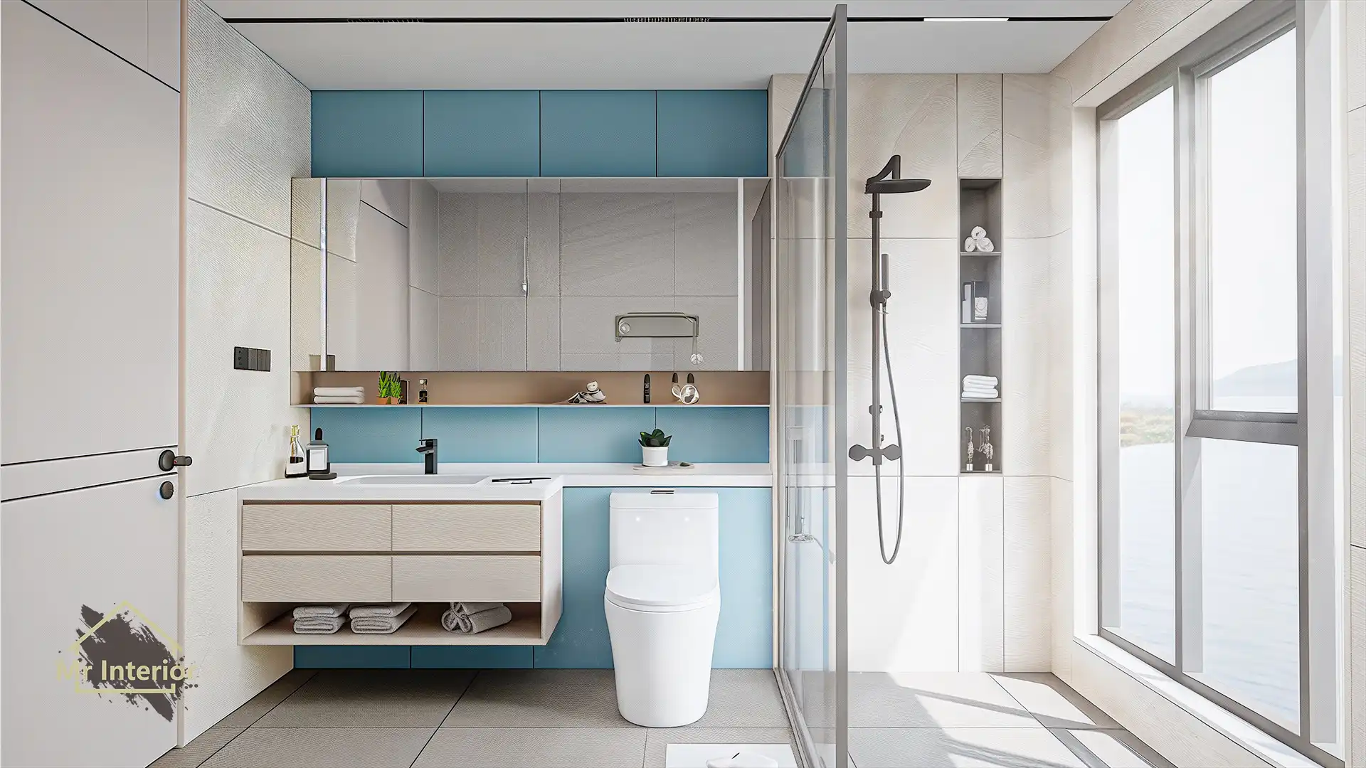 小清新設計風格浴室，白色主調，淺藍點綴。浴室櫃，企缸，鏡子/鏡櫃。Mr Interior室內設計、裝修、傢俬風格。