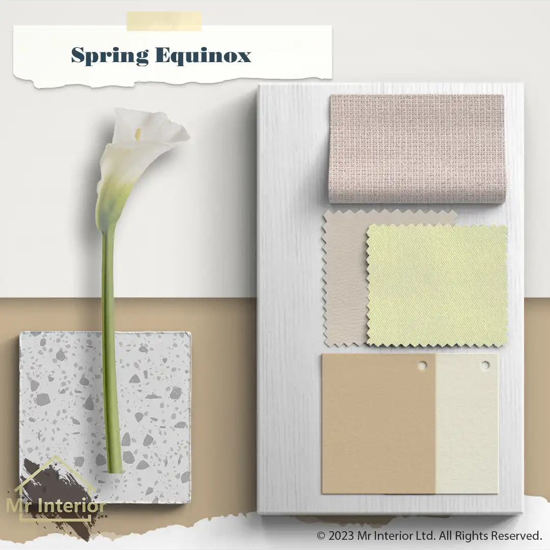 春分-歐陸風設計材料板:白色木、米色及淺黃塗料、中性色調、石、皮料。Mr Interior室內設計、裝修、傢俬風格。