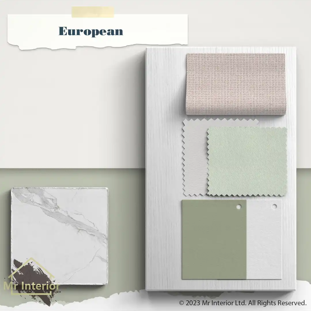 歐陸風設計材料板:白色木、米色及淺綠塗料、中性色調、石、皮料。Mr Interior室內設計、裝修、傢俬風格。