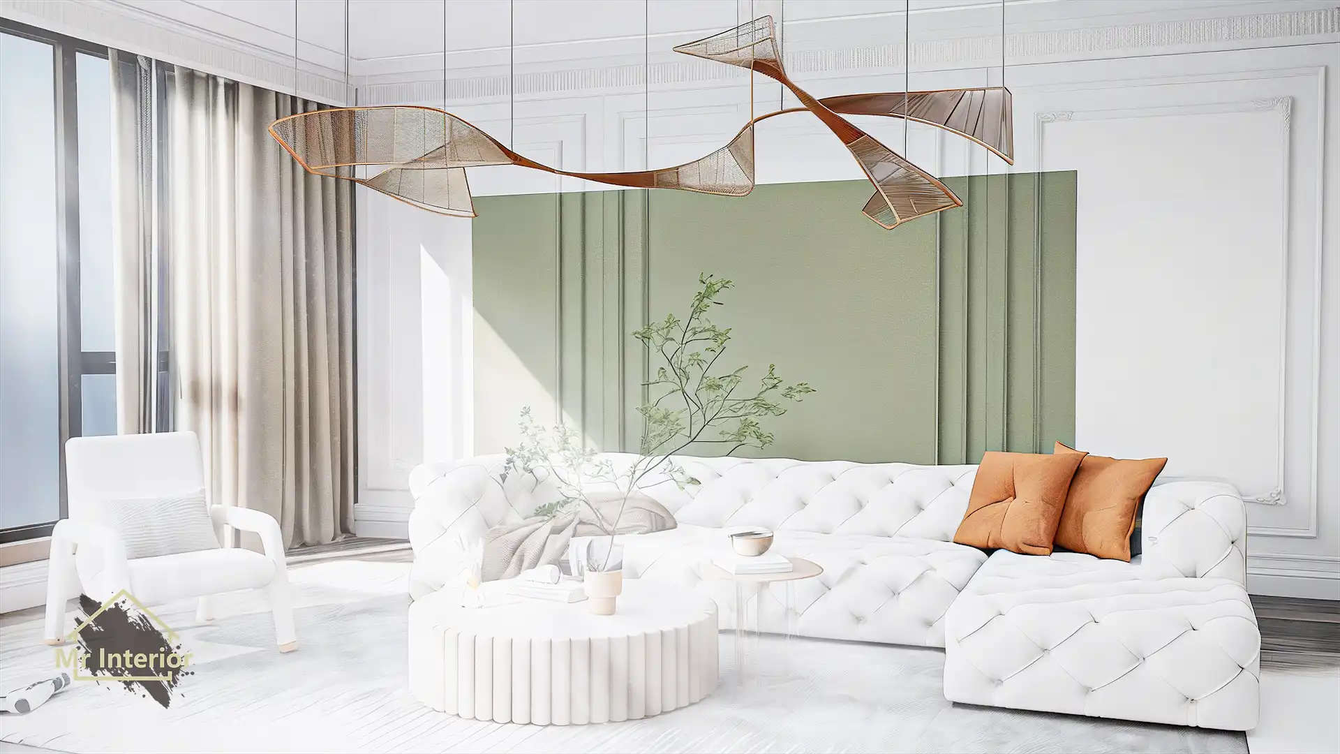 歐陸風設計風格客廳，白色主調，綠色點綴。花線，特色牆，梳化，裝飾。Mr Interior室內設計、裝修、傢俬風格。