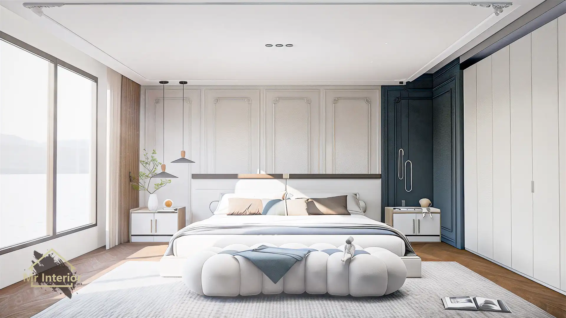 歐陸風設計風格主人房，白色主調，藍色點綴。雙人床，衣櫃，花線，特色牆。Mr Interior室內設計、裝修、傢俬風格。