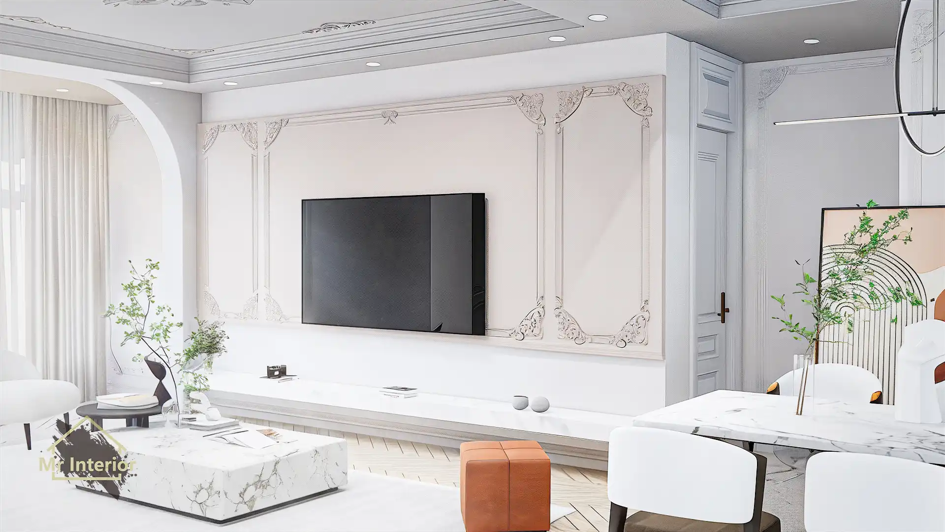 歐陸風設計風格客廳，白色主調，粉色點綴。電視櫃，花線，特色牆，梳化。Mr Interior室內設計、裝修、傢俬風格。