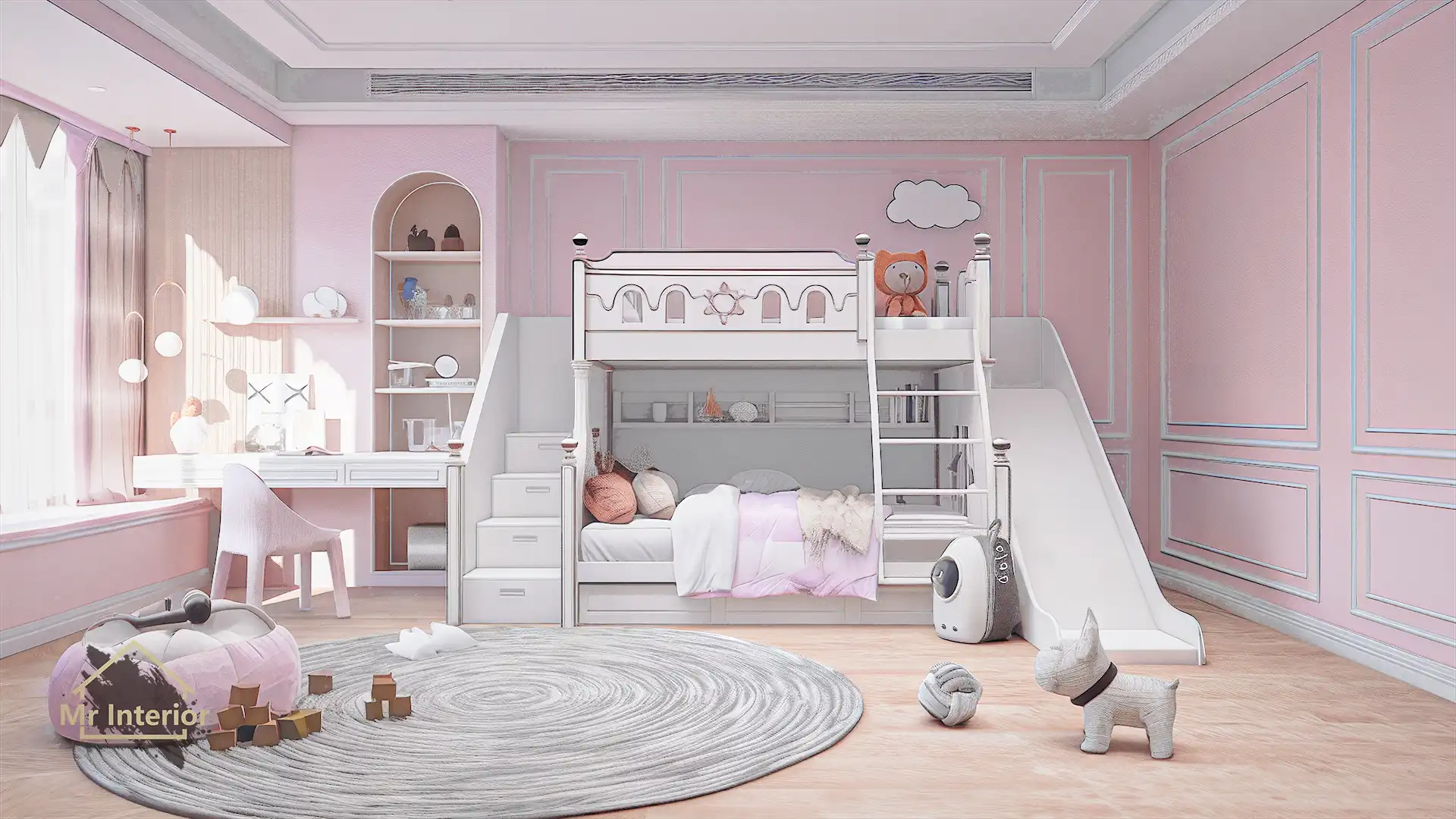 歐陸風設計風格兒童房，粉色主調，白色點綴。兒童床，上下格床，書枱，樓梯。Mr Interior室內設計、裝修、傢俬風格。