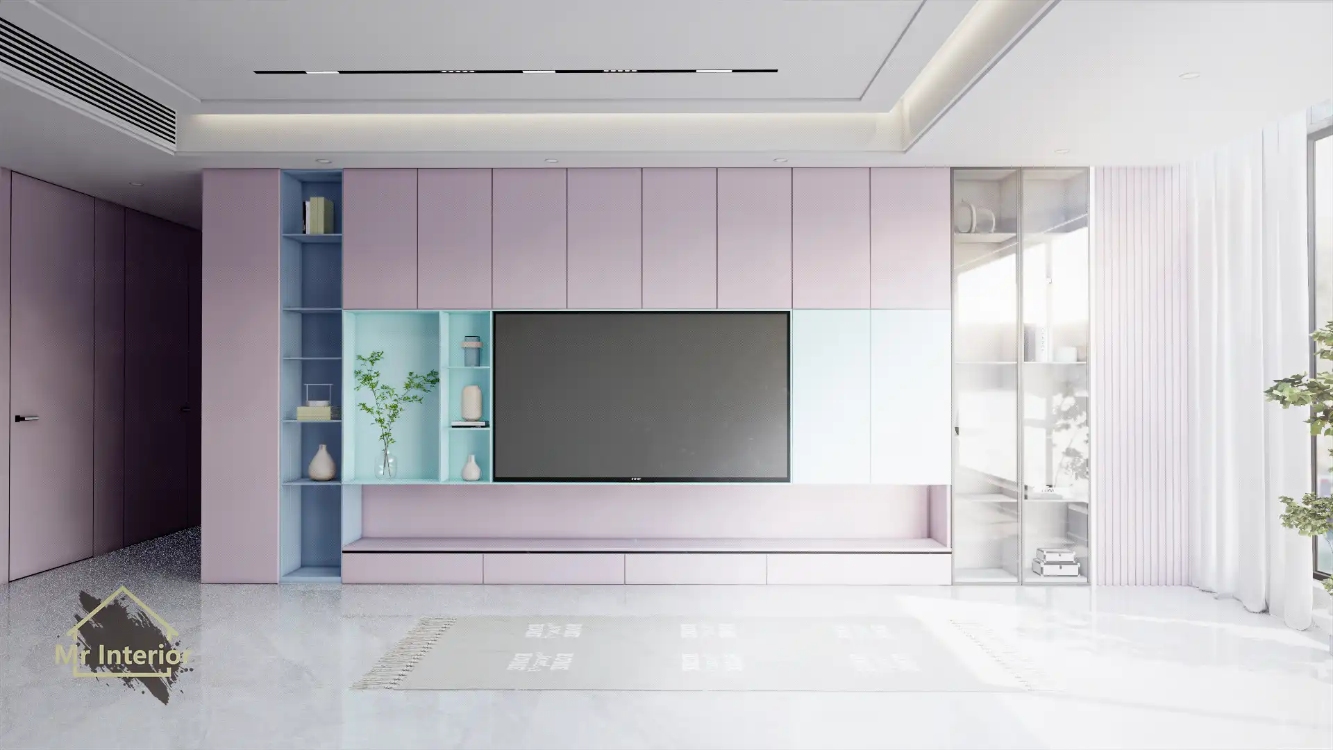 糖果風設計風格客廳，粉紫色主調，粉綠粉藍色點綴。電視櫃，特色牆，書櫃。Mr Interior室內設計、裝修、傢俬風格。