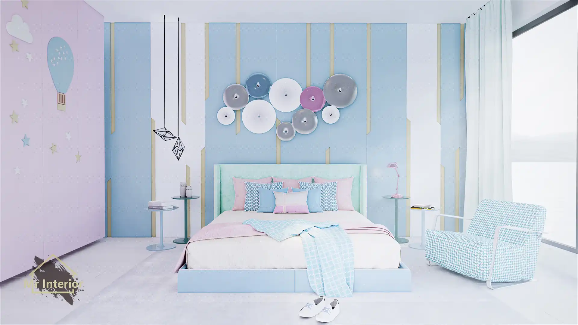 糖果風設計風格主人房，粉藍色主調，粉紅色點綴。雙人床，特色牆，衣櫃。Mr Interior室內設計、裝修、傢俬風格。