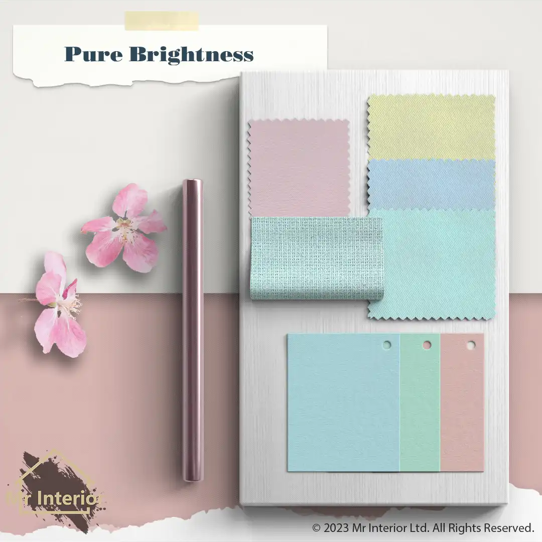 清明-糖果風設計材料板:白色木、粉藍、粉綠、粉紅色塗料、粉色調、皮料。Mr Interior室內設計、裝修、傢俬風格。
