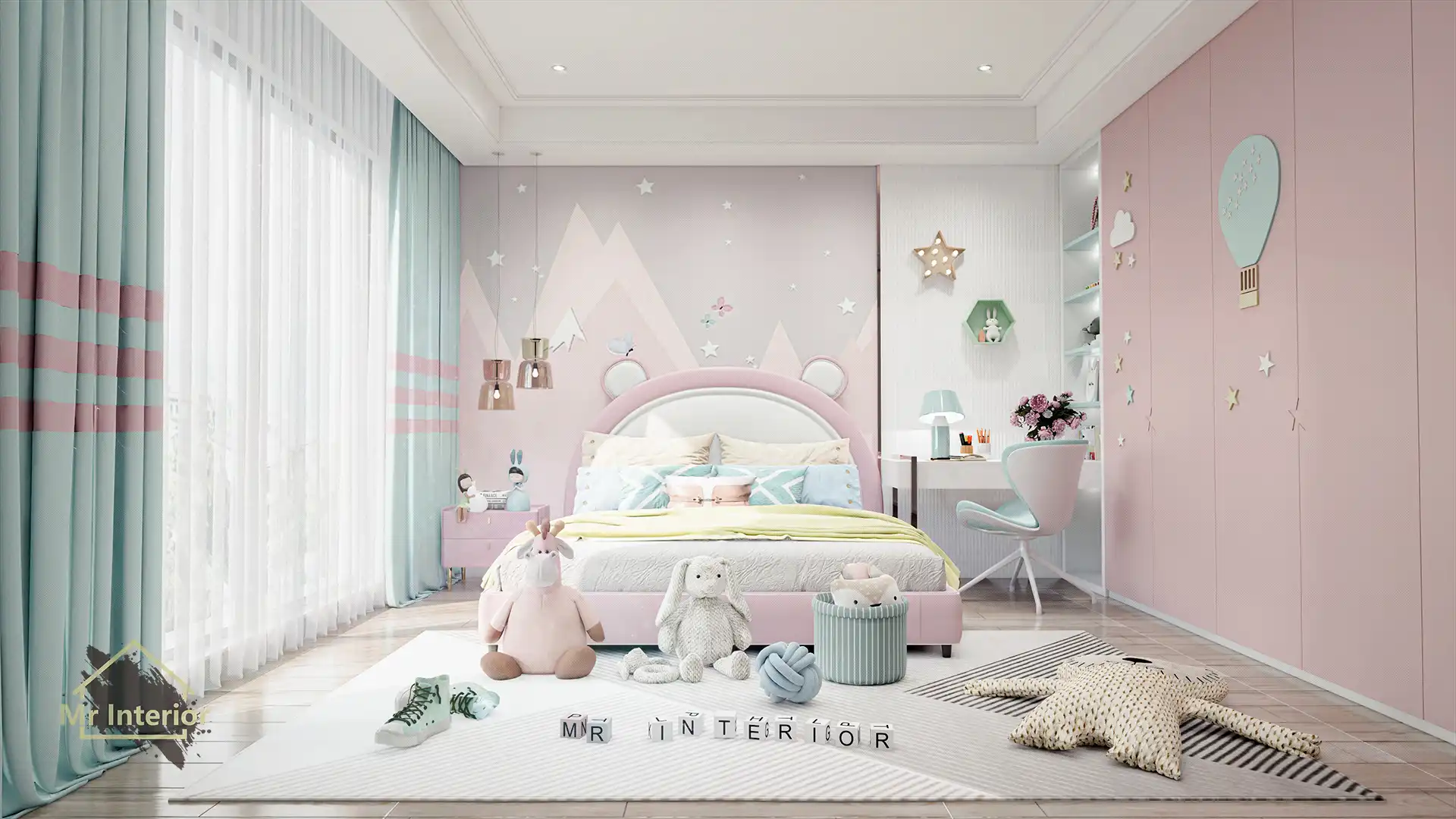 清明-糖果風設計風格兒童房，粉紅色主調，白色點綴。兒童床，衣櫃，書枱。Mr Interior室內設計、裝修、傢俬風格。