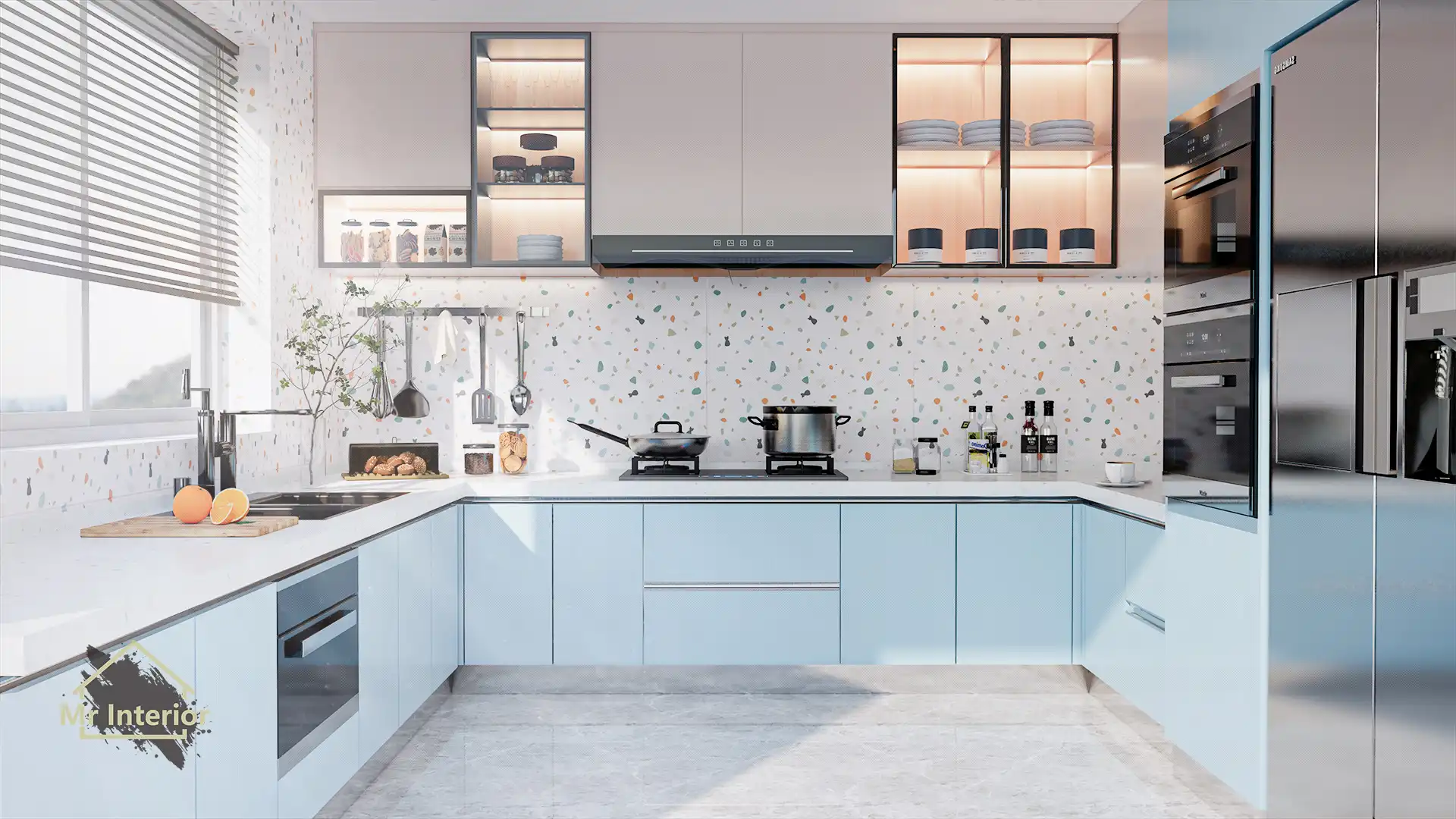 糖果風設計風格廚房，藍色主調，粉色點綴。廚櫃，地櫃，吊櫃，石面。Mr Interior室內設計、裝修、傢俬風格。