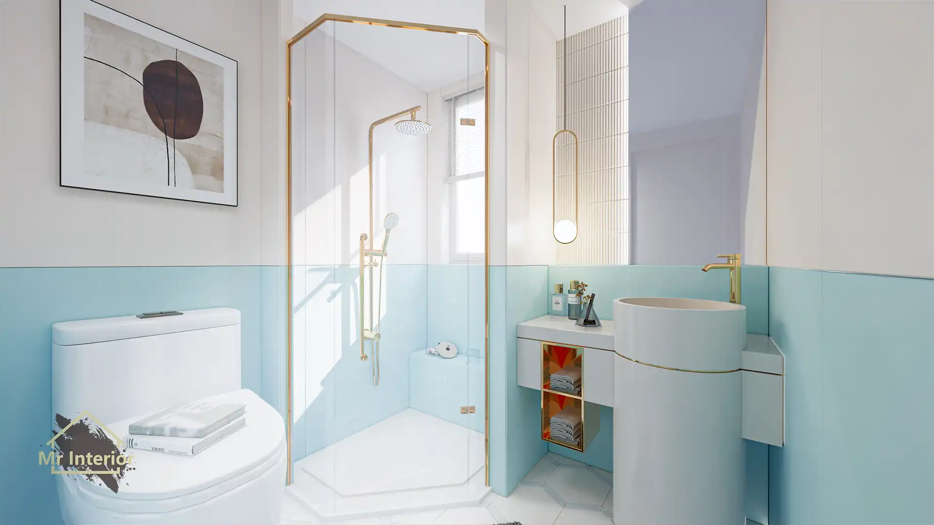 糖果風設計風格浴室，湖水綠色主調，淺黃色點綴。浴室櫃，鏡櫃，企缸，馬桶。Mr Interior室內設計、裝修、傢俬風格。