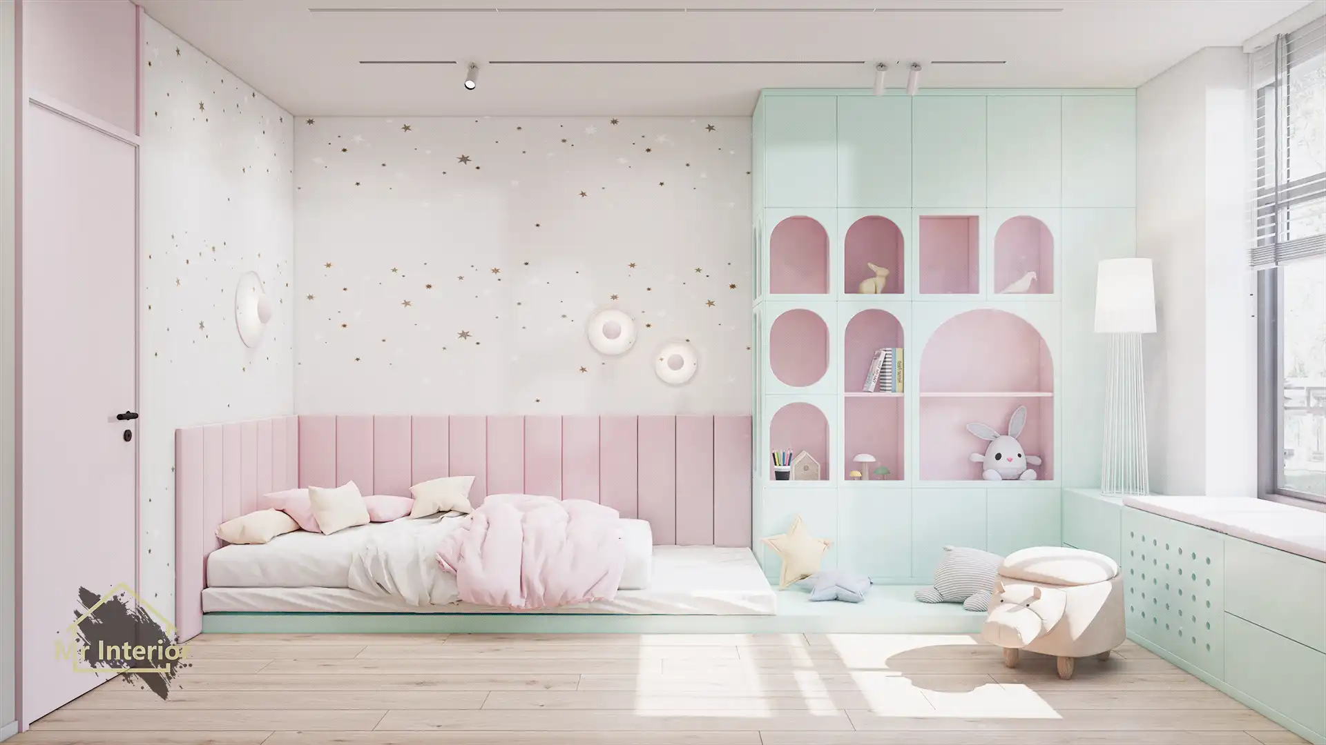 糖果風設計風格兒童房，湖水綠色主調，粉紅色點綴。兒童床，衣櫃，櫃桶。Mr Interior室內設計、裝修、傢俬風格。