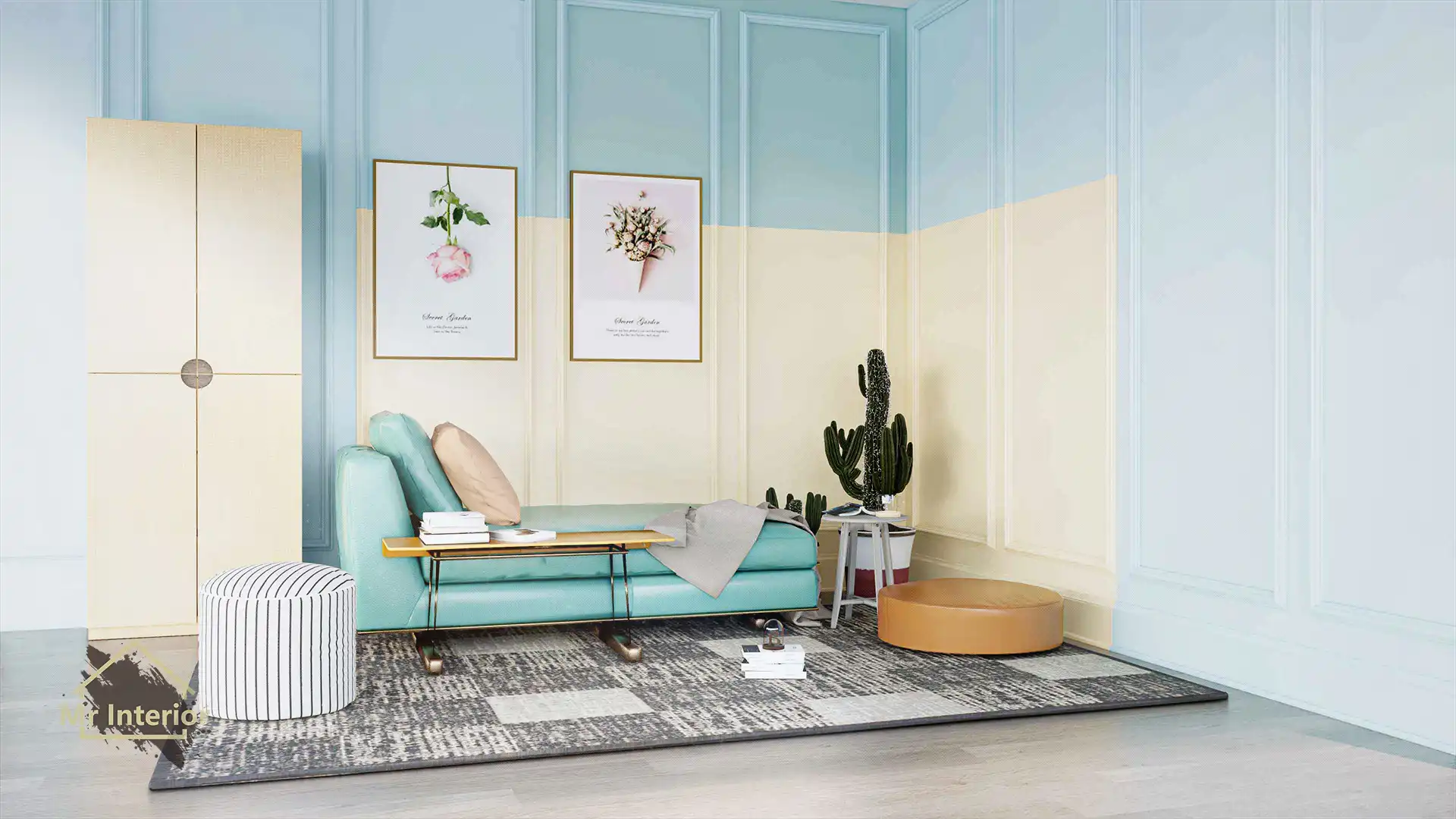糖果風設計風格客廳，湖水綠色主調，淺黃色點綴。特色牆，梳化，茶几。Mr Interior室內設計、裝修、傢俬風格。