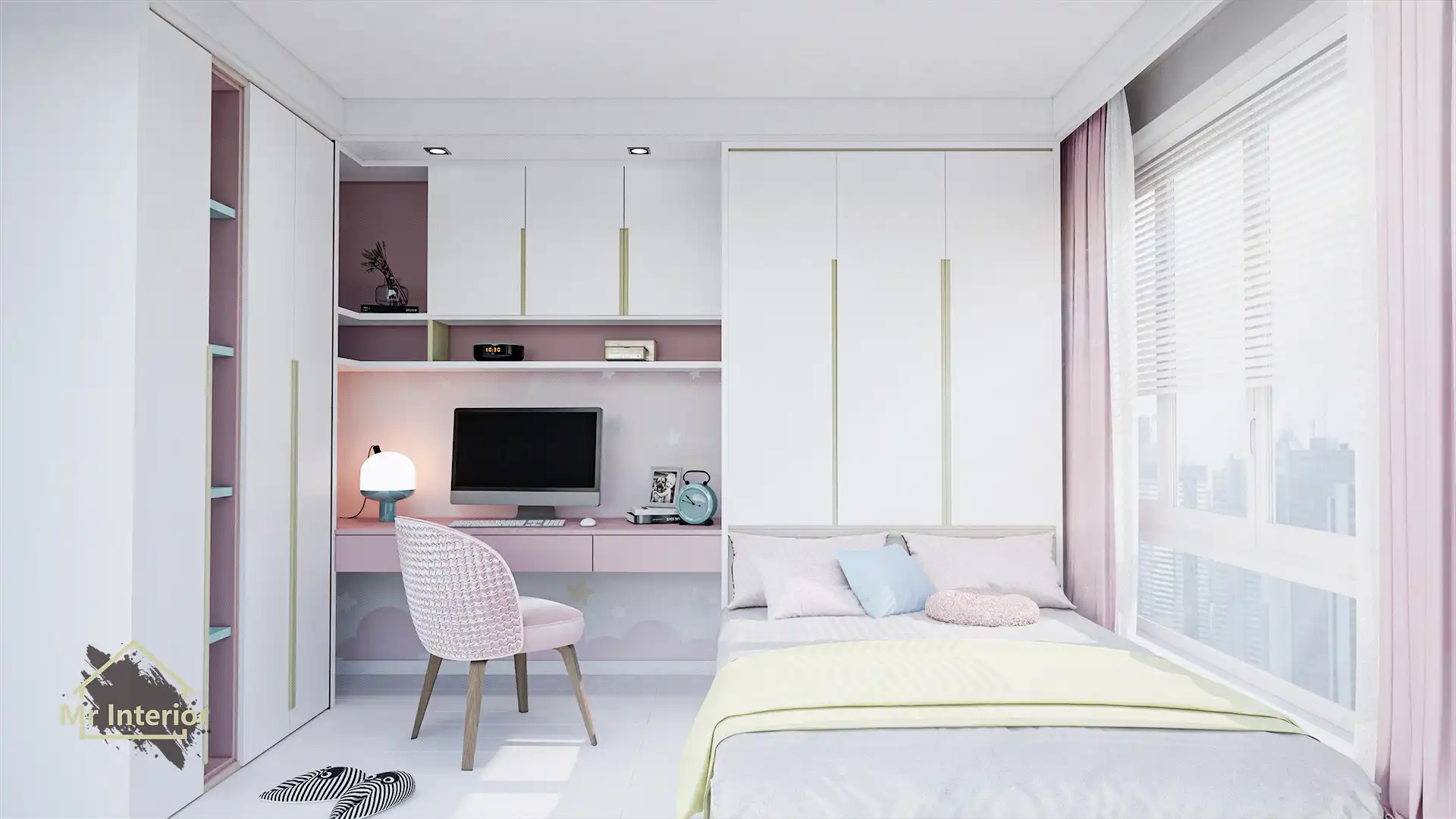糖果風設計風格睡房，白色主調，粉紅色點綴。雙人床，書枱，衣櫃，床頭櫃。Mr Interior室內設計、裝修、傢俬風格。