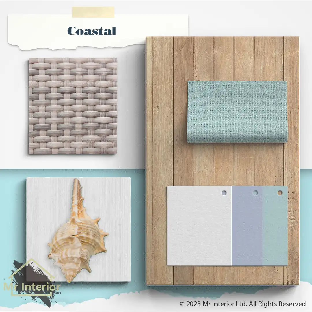 海岸風設計材料板:天然木材，白色及湖水綠色塗料，貝殼，麻質，藤編材料。Mr Interior室內設計、裝修、傢俬風格。
