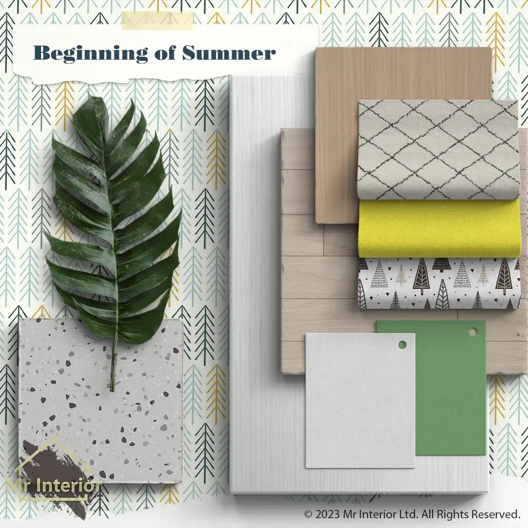 立夏-北歐風設計材料板:木材，白色黃色綠色塗料，石材，麻質，皮革，瓷磚。Mr Interior室內設計、裝修、傢俬風格。
