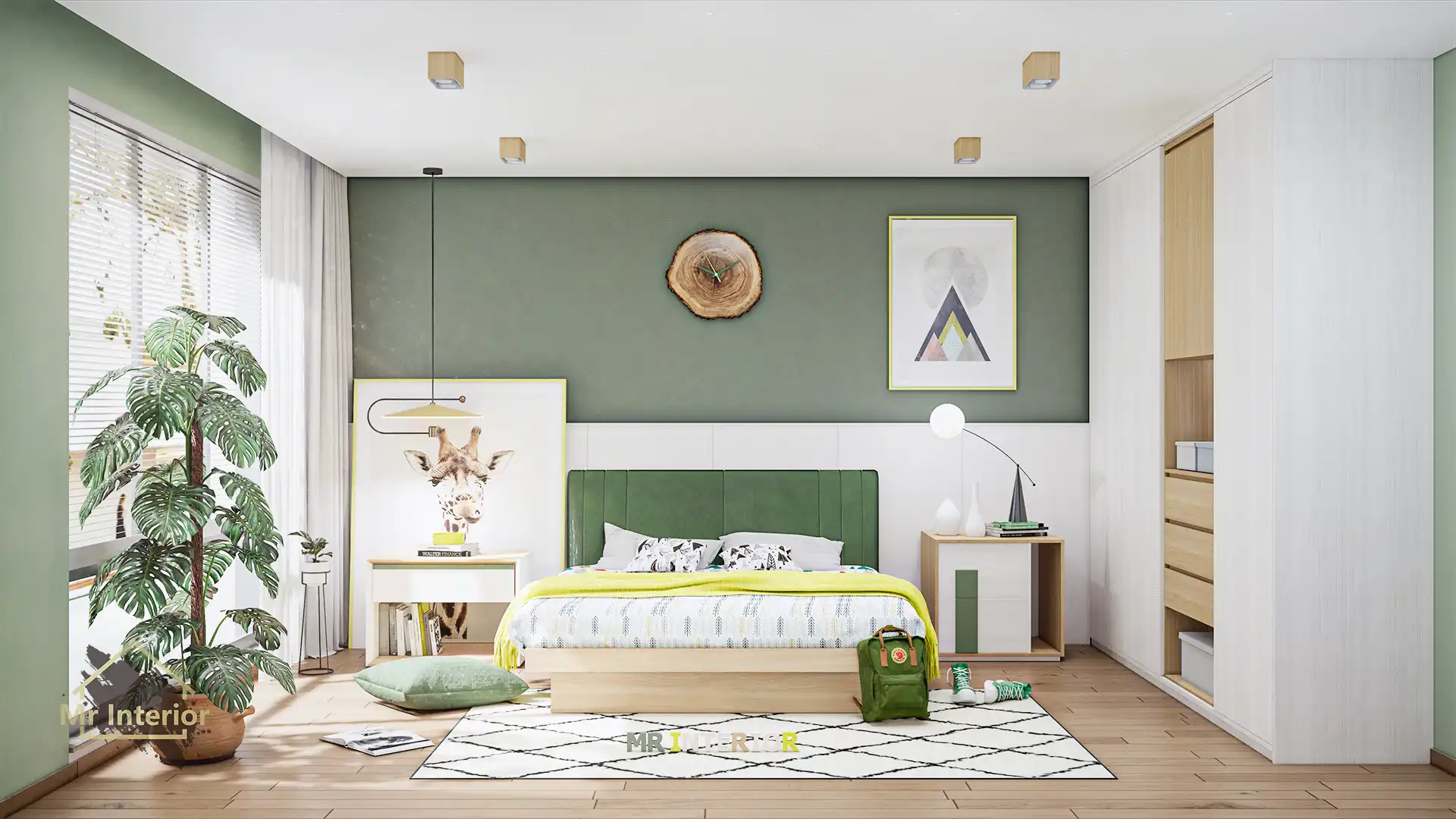 立夏-北歐風設計風格房間，白色主調，綠色木色點綴。雙人床，衣櫃，床頭櫃。Mr Interior室內設計、裝修、傢俬風格。