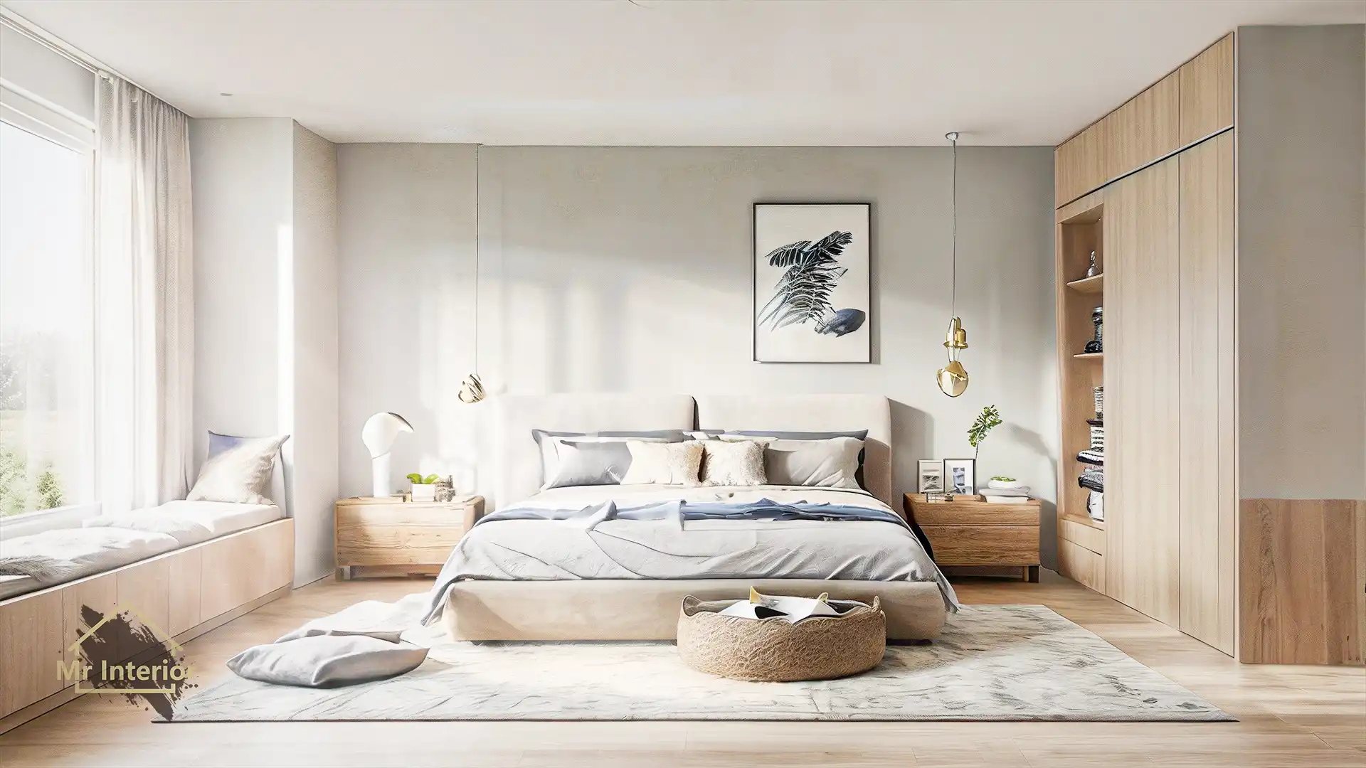 北歐風設計風格主人房，白色主調，木色點綴。雙人床，衣櫃，床頭櫃。Mr Interior室內設計、裝修、傢俬風格。