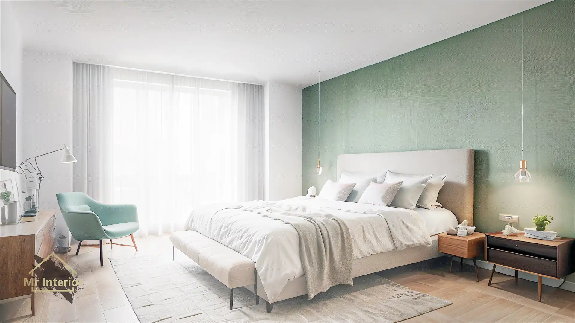 北歐風設計風格房間，綠色主調，木色點綴。雙人床，書枱，床頭櫃。Mr Interior室內設計、裝修、傢俬風格。