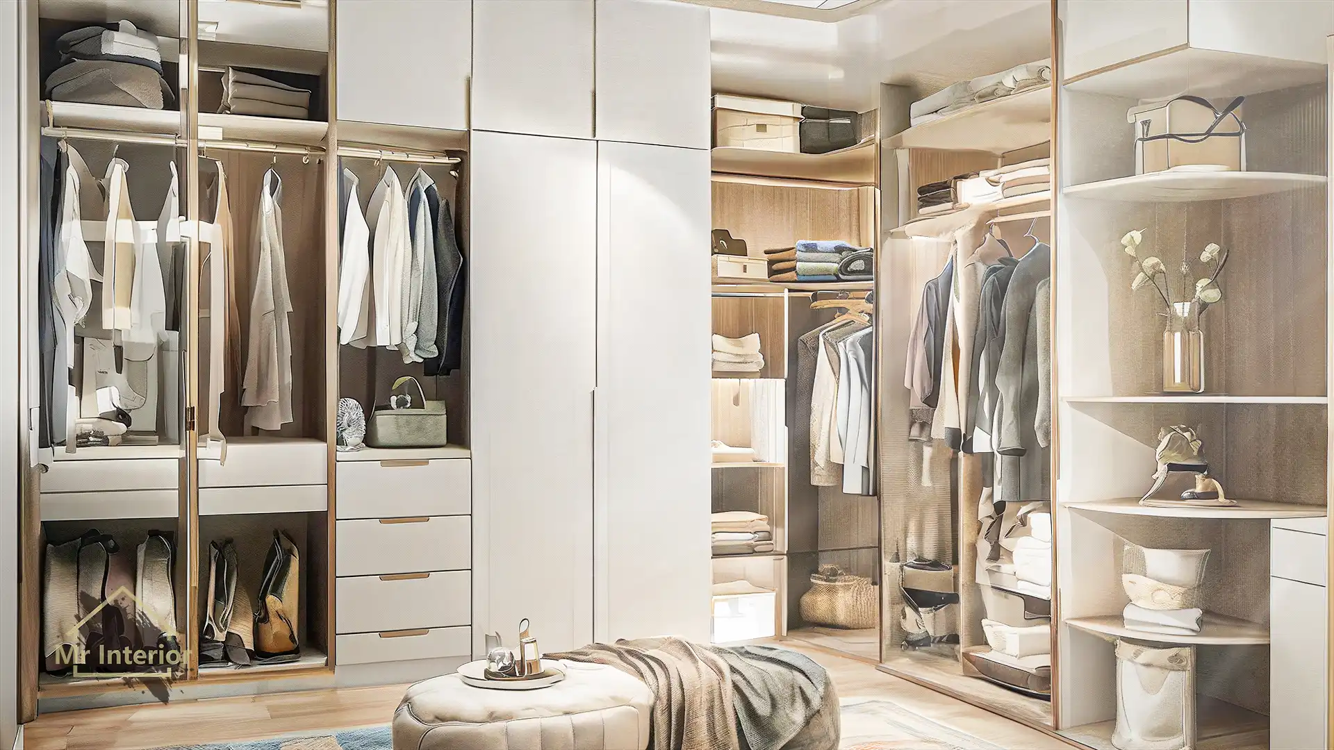 北歐風設計風格衣帽間，白色主調，木色點綴。衣櫃，櫃桶，椅子，衣架。Mr Interior室內設計、裝修、傢俬風格。