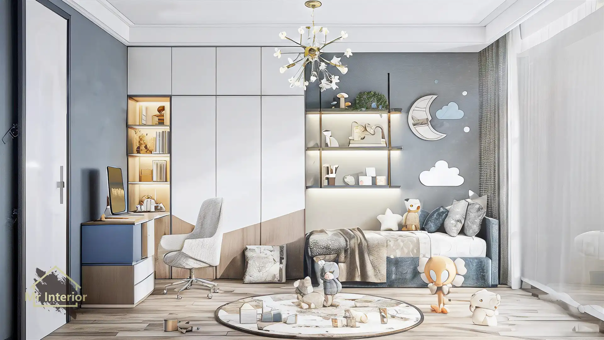 北歐風設計風格睡房，白色主調，藍色點綴。雙人床，書枱，衣櫃，書櫃。Mr Interior室內設計、裝修、傢俬風格。