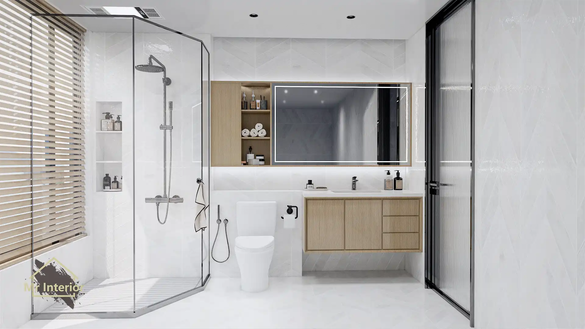 北歐風設計風格浴室，白色主調，木色點綴。浴室櫃，鏡櫃，企缸，馬桶。Mr Interior室內設計、裝修、傢俬風格。